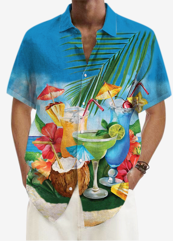 Men's Hawaiian Cocktail Print Short Sleeve Shirt-Garamode