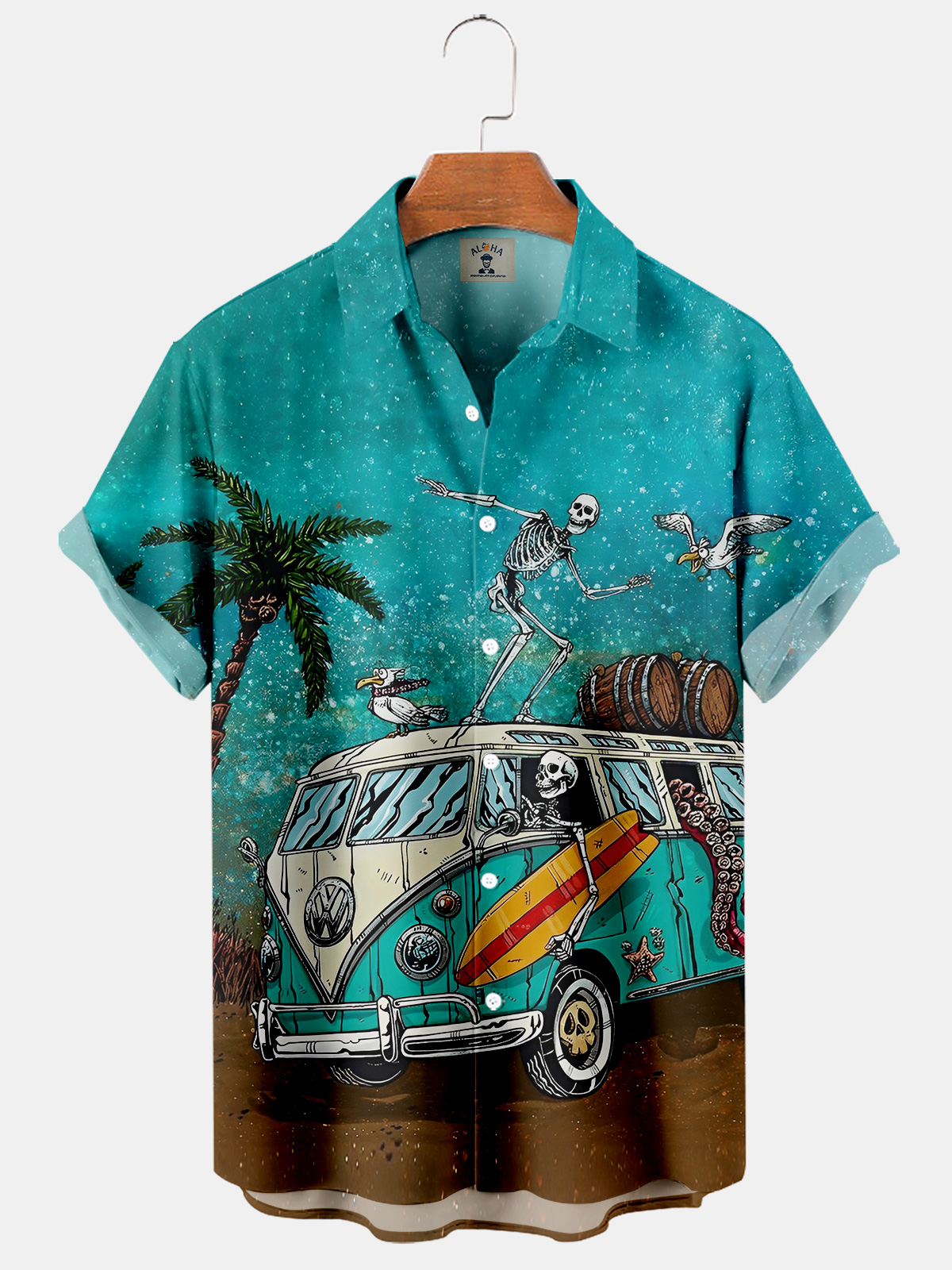 Men's Hawaii Coconut tree Car Skull Print Short Sleeve Shirt-Garamode