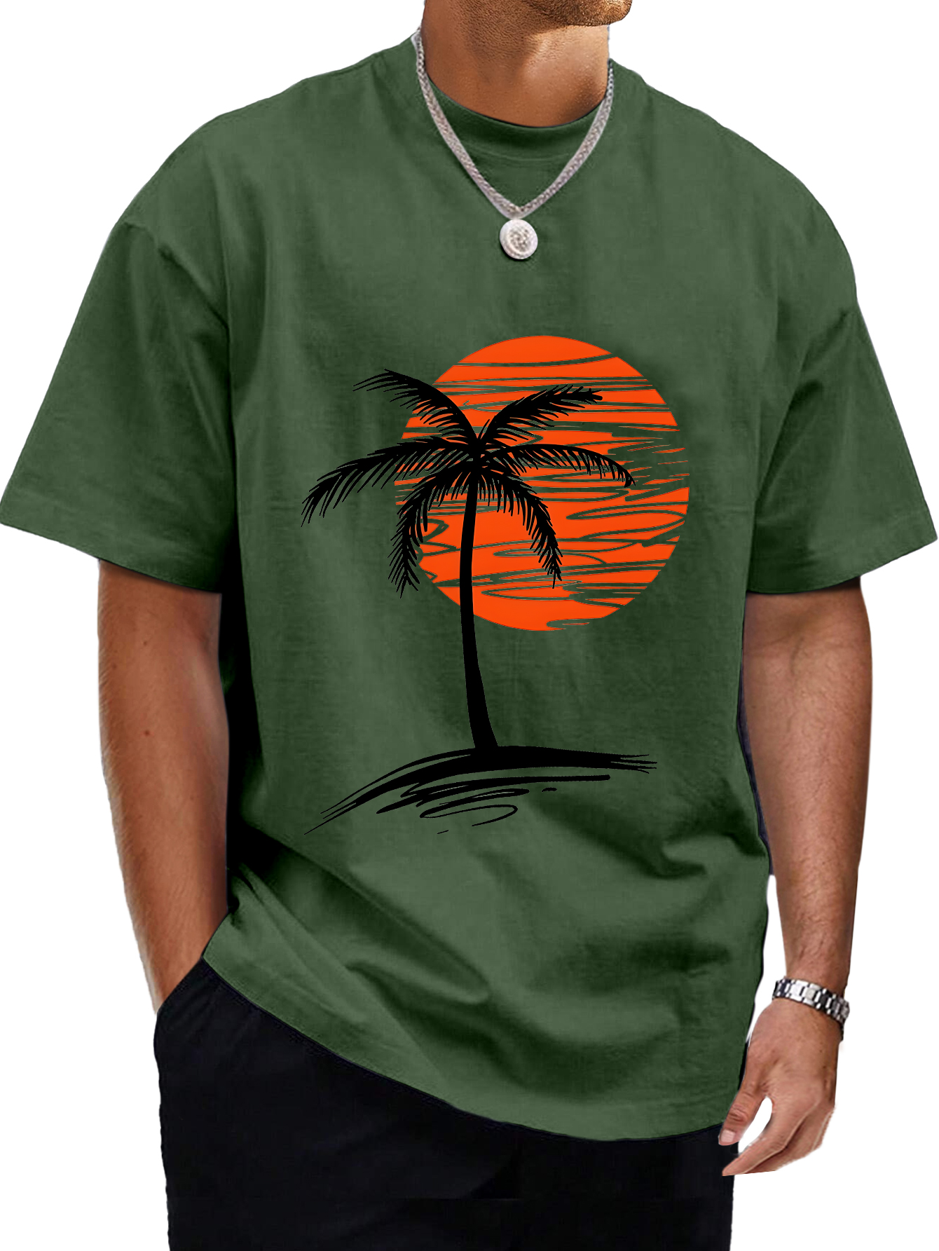 Men's Hawaiian Palm Tree Sunset Cotton Casual Comfortable Loose Short Sleeve T-Shirt