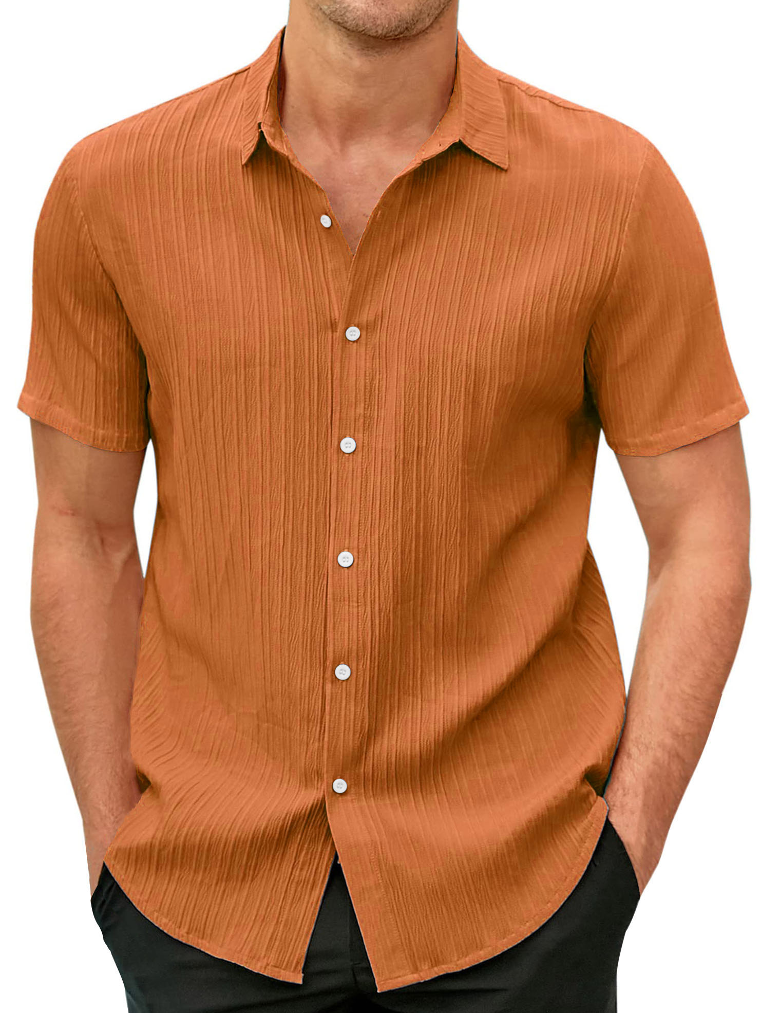 Men's Cotton And Linen Striped Jacquard Casual Loose Short-sleeved Shirt