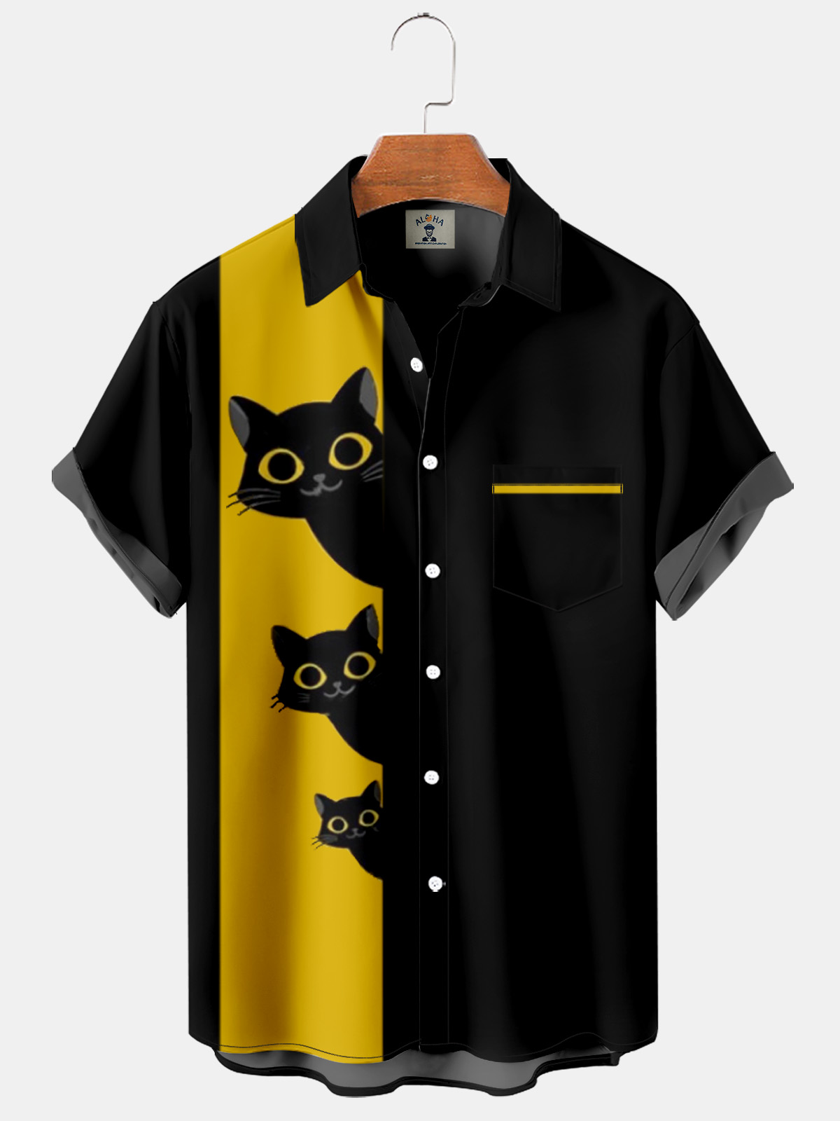 Fun cartoon cat print pocket short-sleeved shirt-Garamode