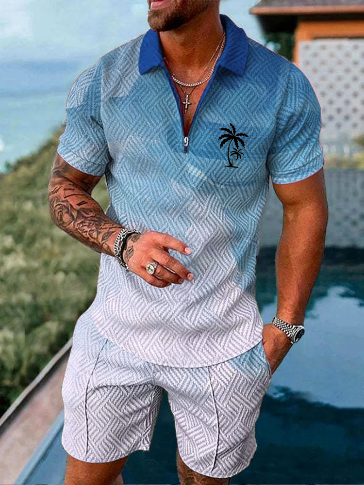 Men's Fashion Gradient Coco Print Polo Shirt Shorts SetGaramode
