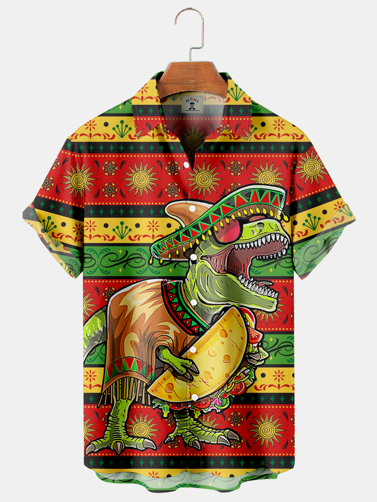 Fun and spoof retro dinosaur print pocket short-sleeved shirt-Garamode