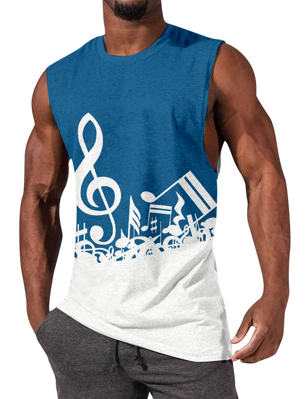 Men's Casual Musical Symbols Contrast Print Sleeveless T-Shirt-Garamode