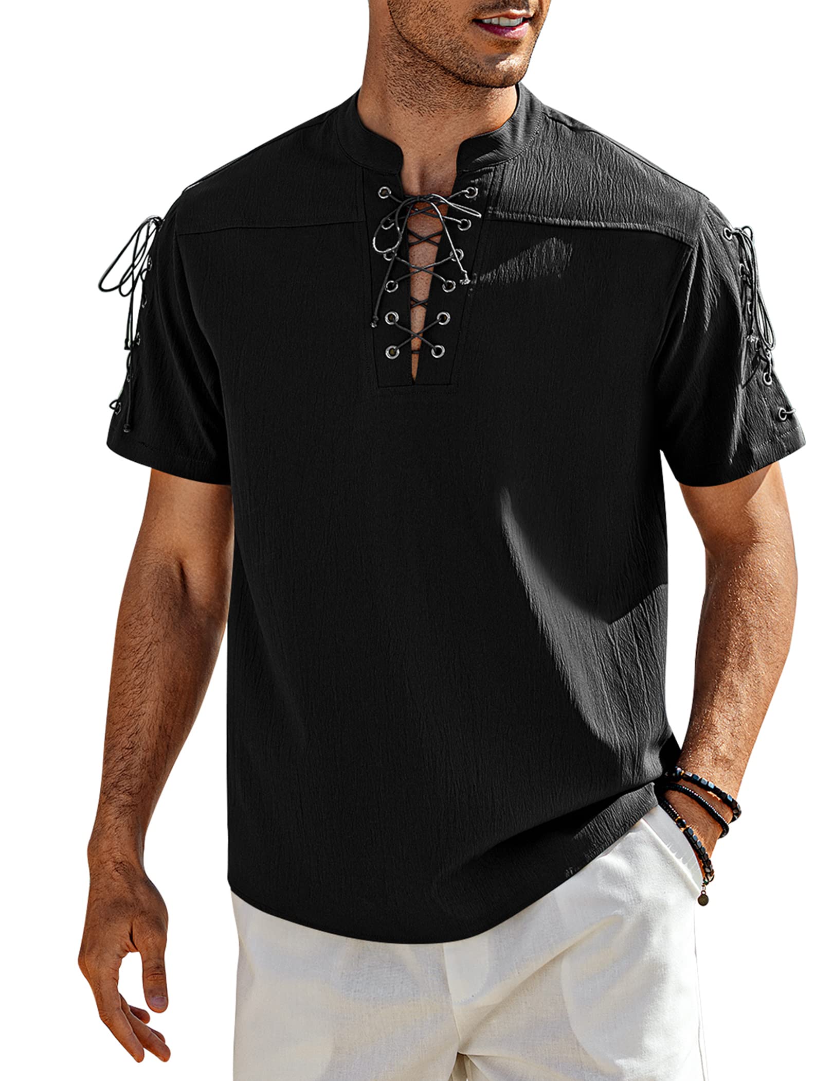 Men's Beach Shirt Short Sleeve Tie Hippie V Neck Pirate Shirt-Garamode