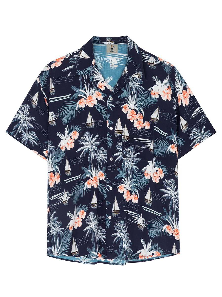 Men's Palm Tree Hibiscus Print Hawaiian Cuban Collar Pocket Short Sleeve Shirt-Garamode