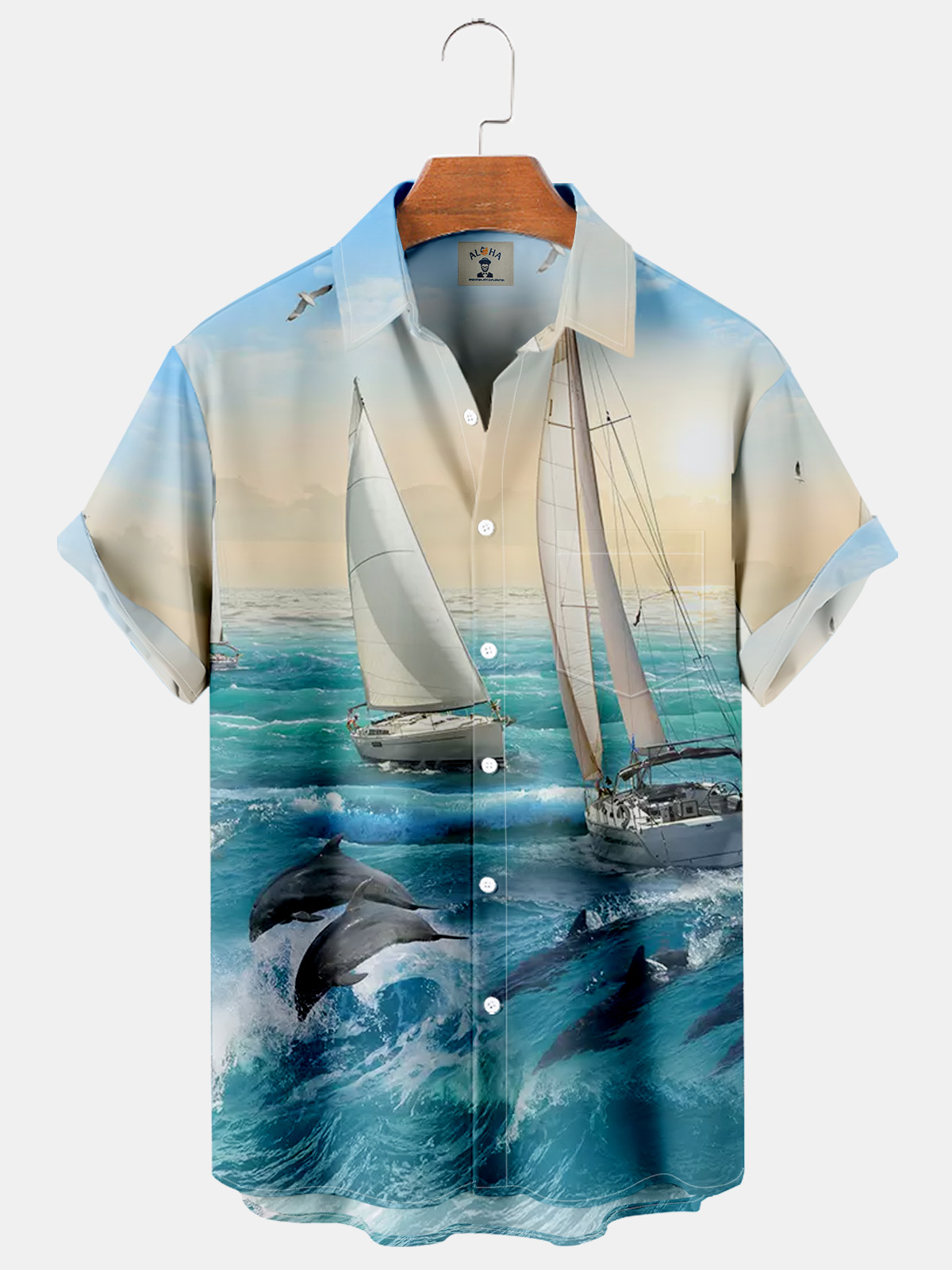 Hawaiian Wave Dolphin Print Pocket Short Sleeve Shirt-Garamode