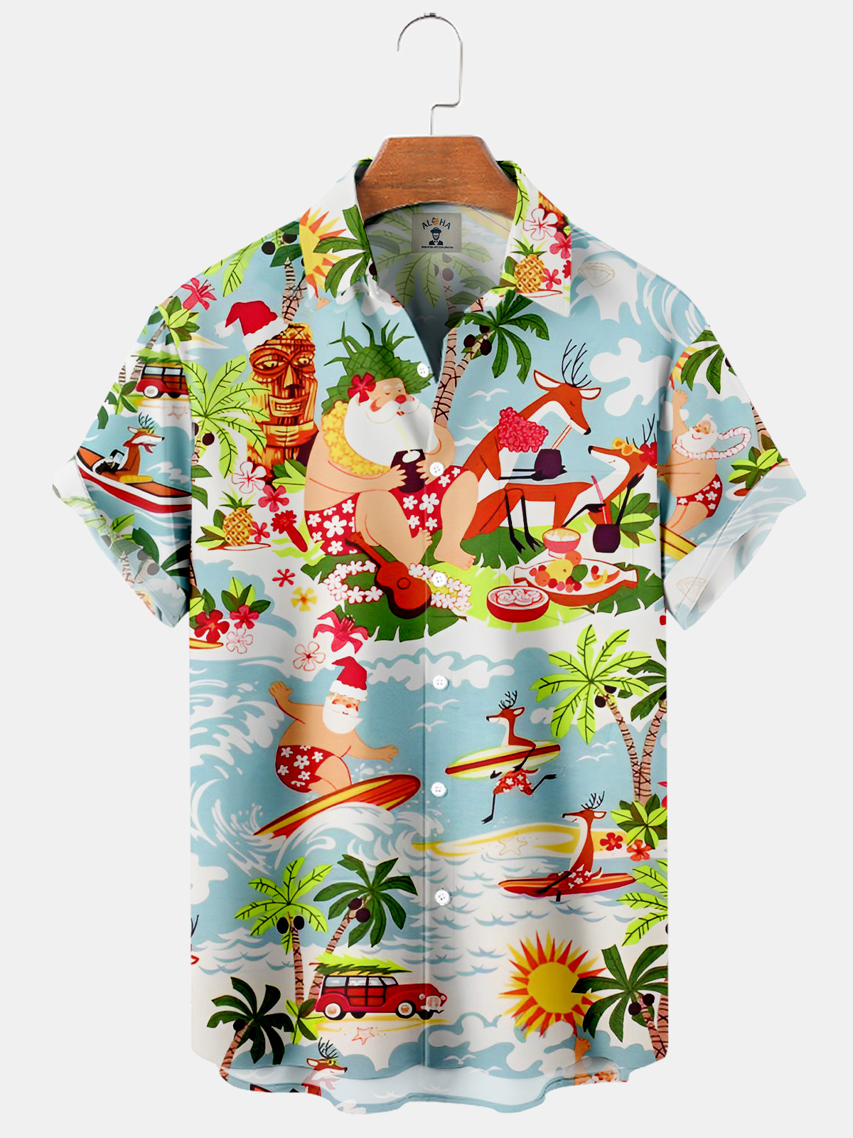 Men's Hawaiian Santa Surf Print Casual Short Sleeve Shirt-Garamode