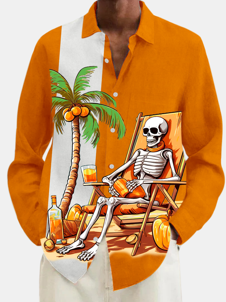 Men's Halloween Fun Skull Holiday Print Long Sleeve Shirt-Garamode