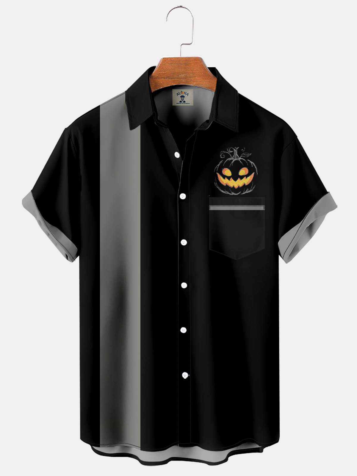 Men's Pumpkin Halloween Print Casual Bowling Shirt-Garamode