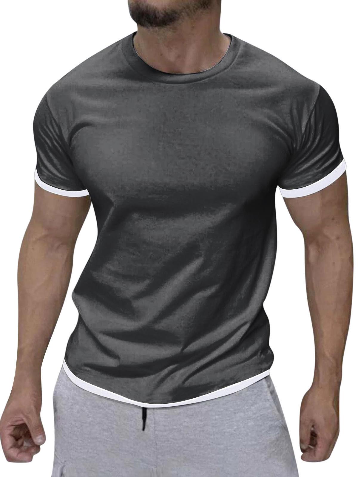 Men's Round Neck Cotton Contrast Color Daily Casual Short Sleeves-Garamode