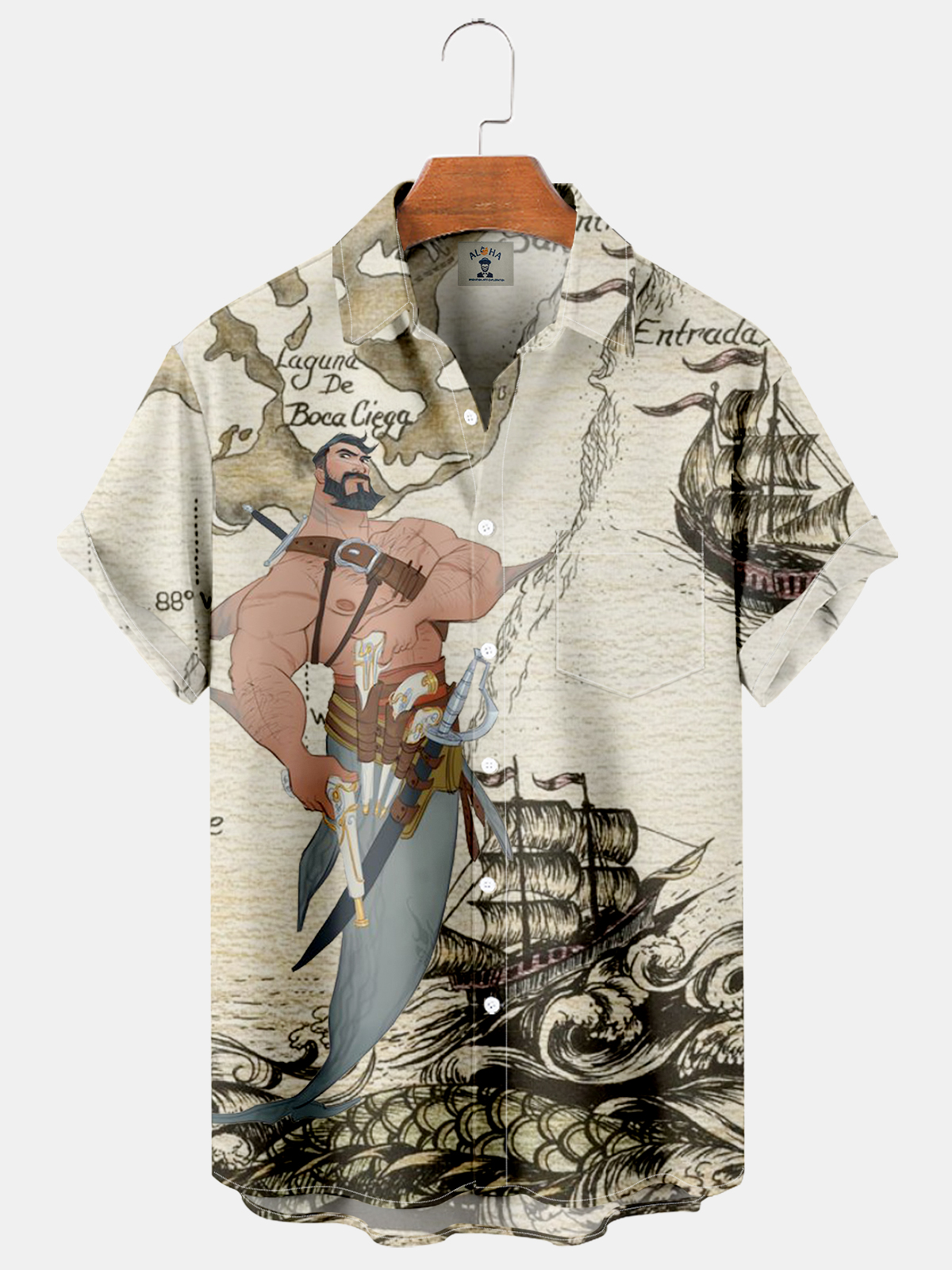 War Pirate Mermaid Print Pocket Short Sleeve Shirt-Garamode