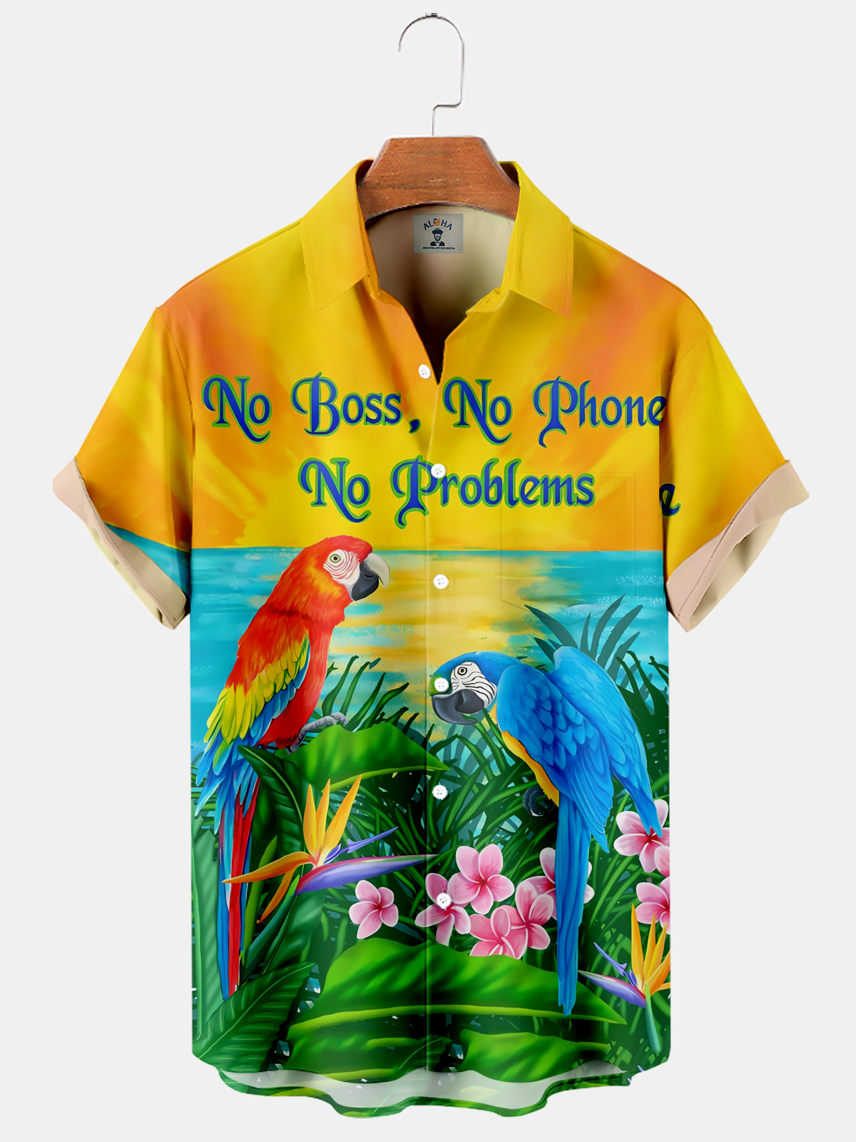 Men's Hawaiian Parrots and Sunsets NO BOSS NO PHONE NP PROBLEMS Print Short Sleeve Shirt-Garamode