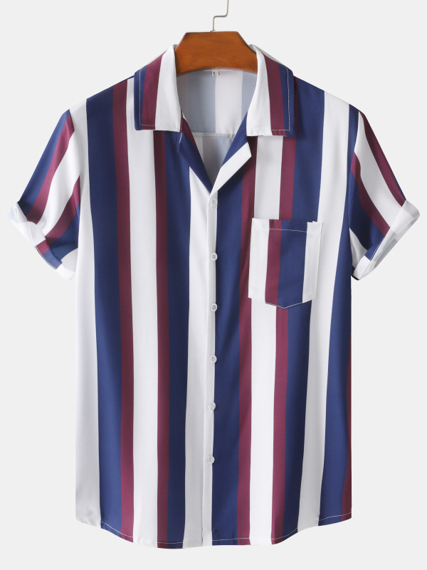 Men's Cuban Collar Pocket Everyday Stripe Basic Classic Hawaiian Short Sleeve Shirt-Garamode