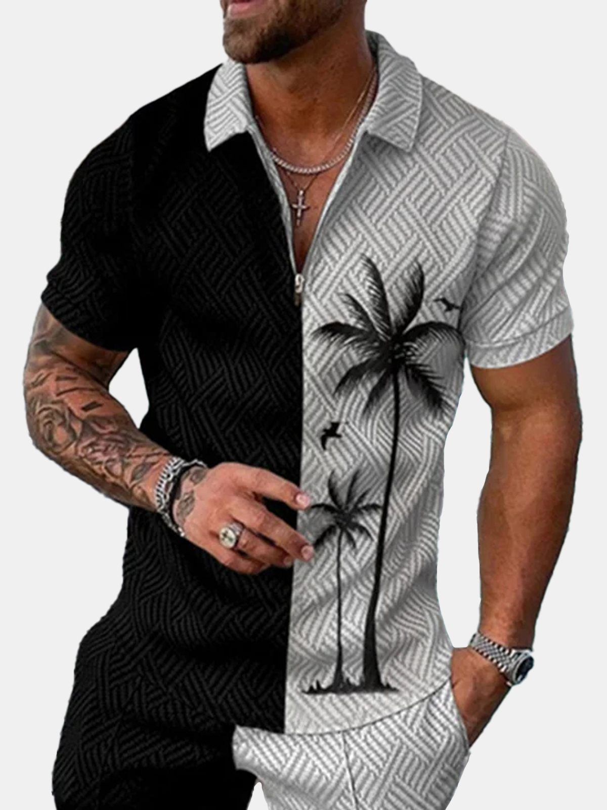 Hawaiian Gradient Coconut Print Short Sleeve Polo Shirt-Garamode
