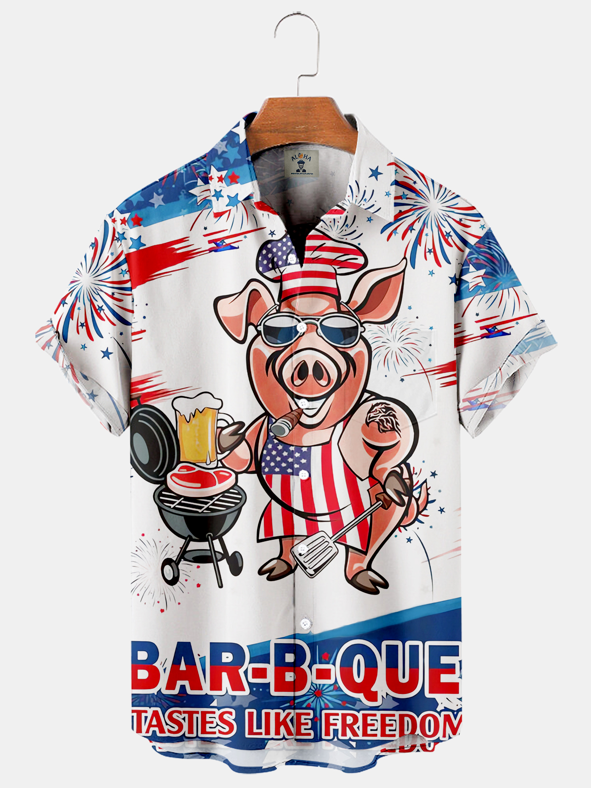 Fat Pig Wearing American Flag At Barbecue Casual Loose Men's Plus Size Short-Sleeved Shirt-Garamode