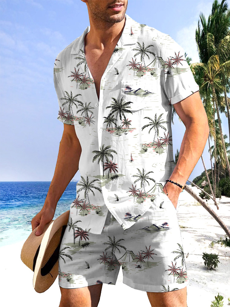 Men's Hawaiian Coco Print Short Sleeve Shirt Short Set-Garamode