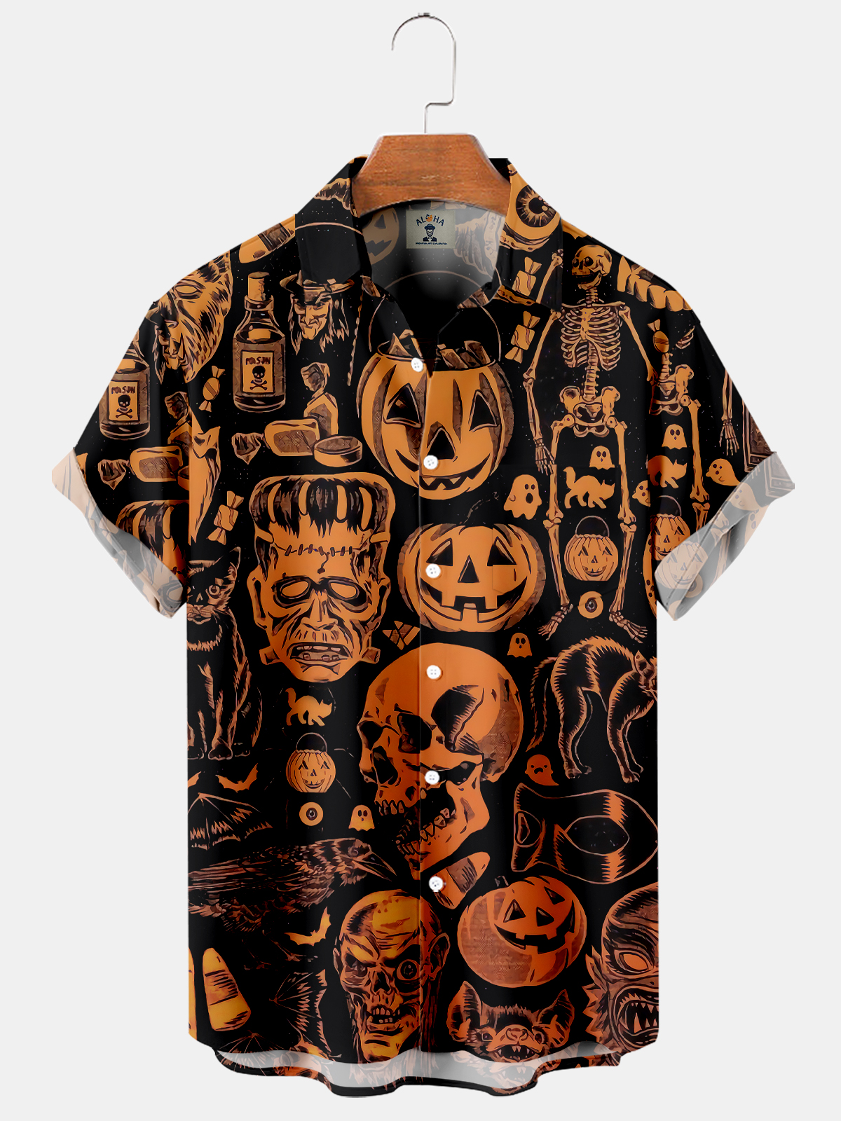 Men's Halloween Pumpkin Skull Print Short Sleeve Shirt-Garamode
