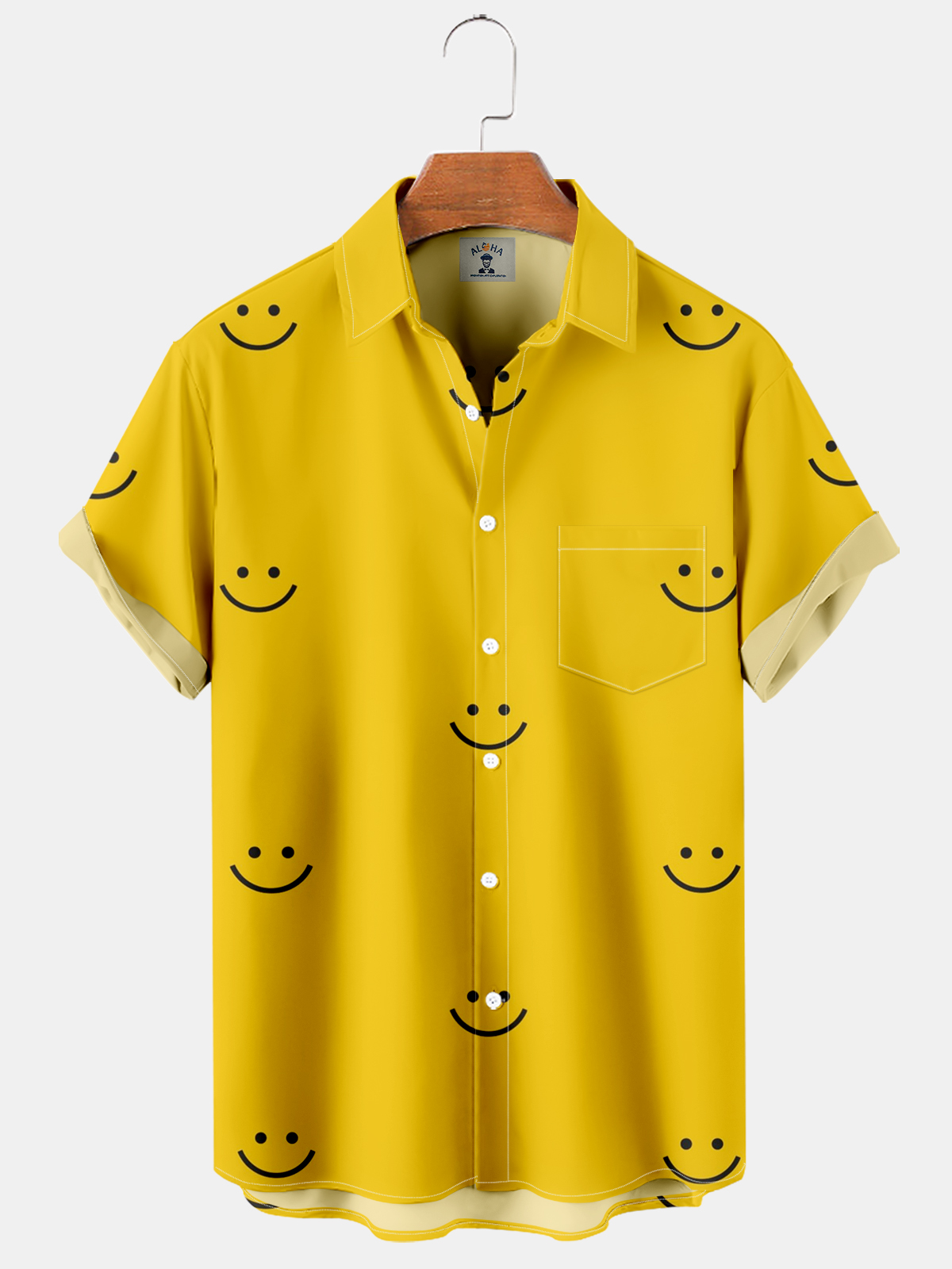 Men's Simple Smile Print Pocket Casual Loose Comfortable Short Sleeve Shirt-Garamode