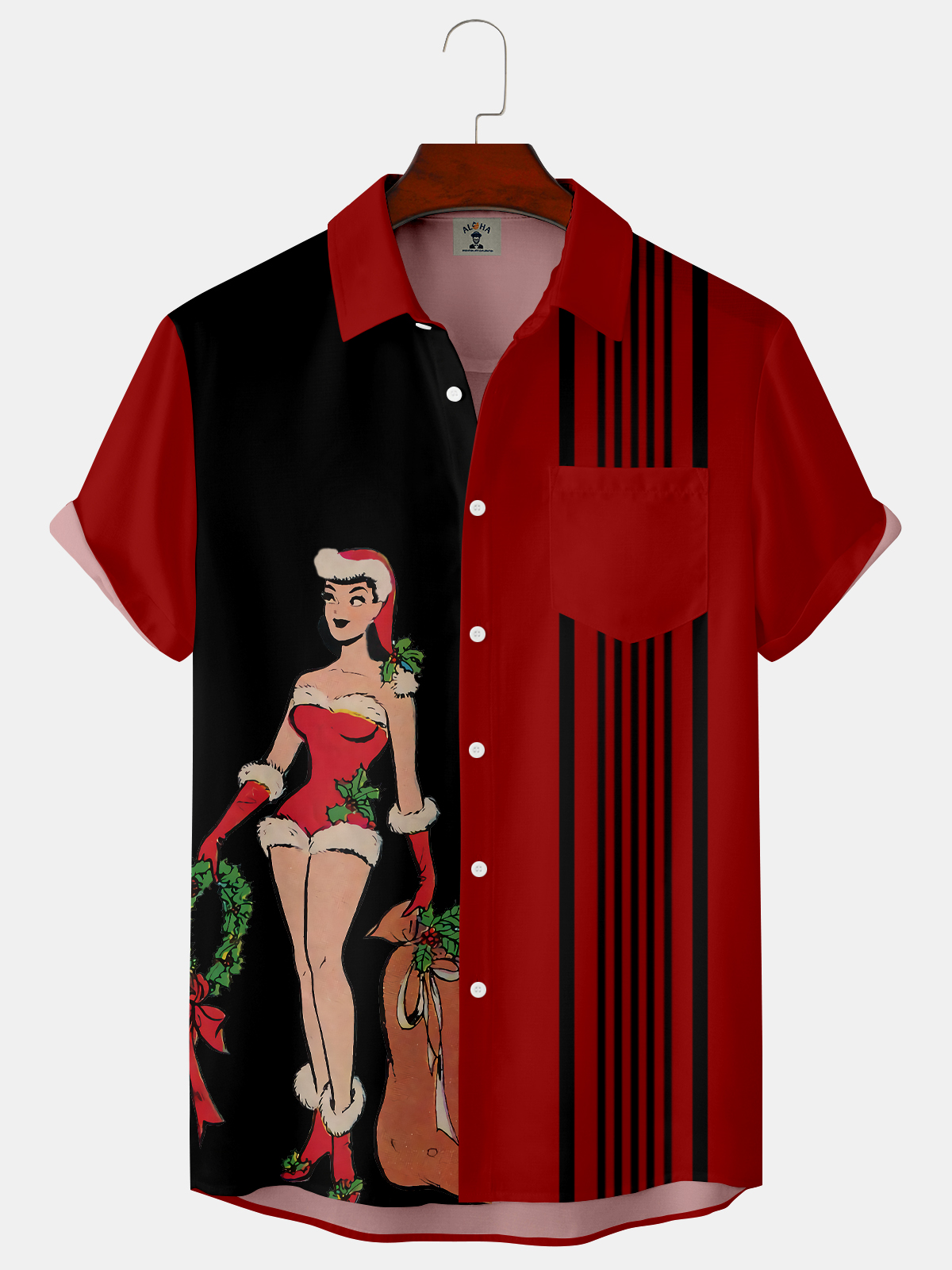 Men's Christmas Christmas Girl Striped Print Short Sleeve Shirt-Garamode