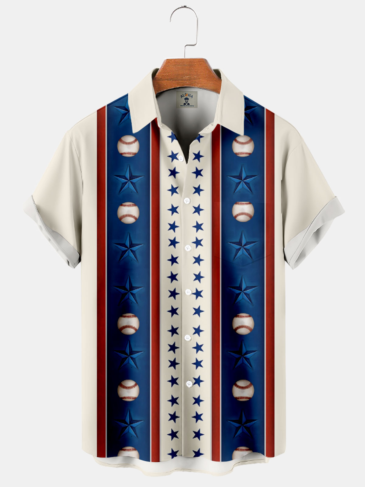 Men's Casual Pentagram and Baseball Print Short Sleeve Bowling Shirt-Garamode