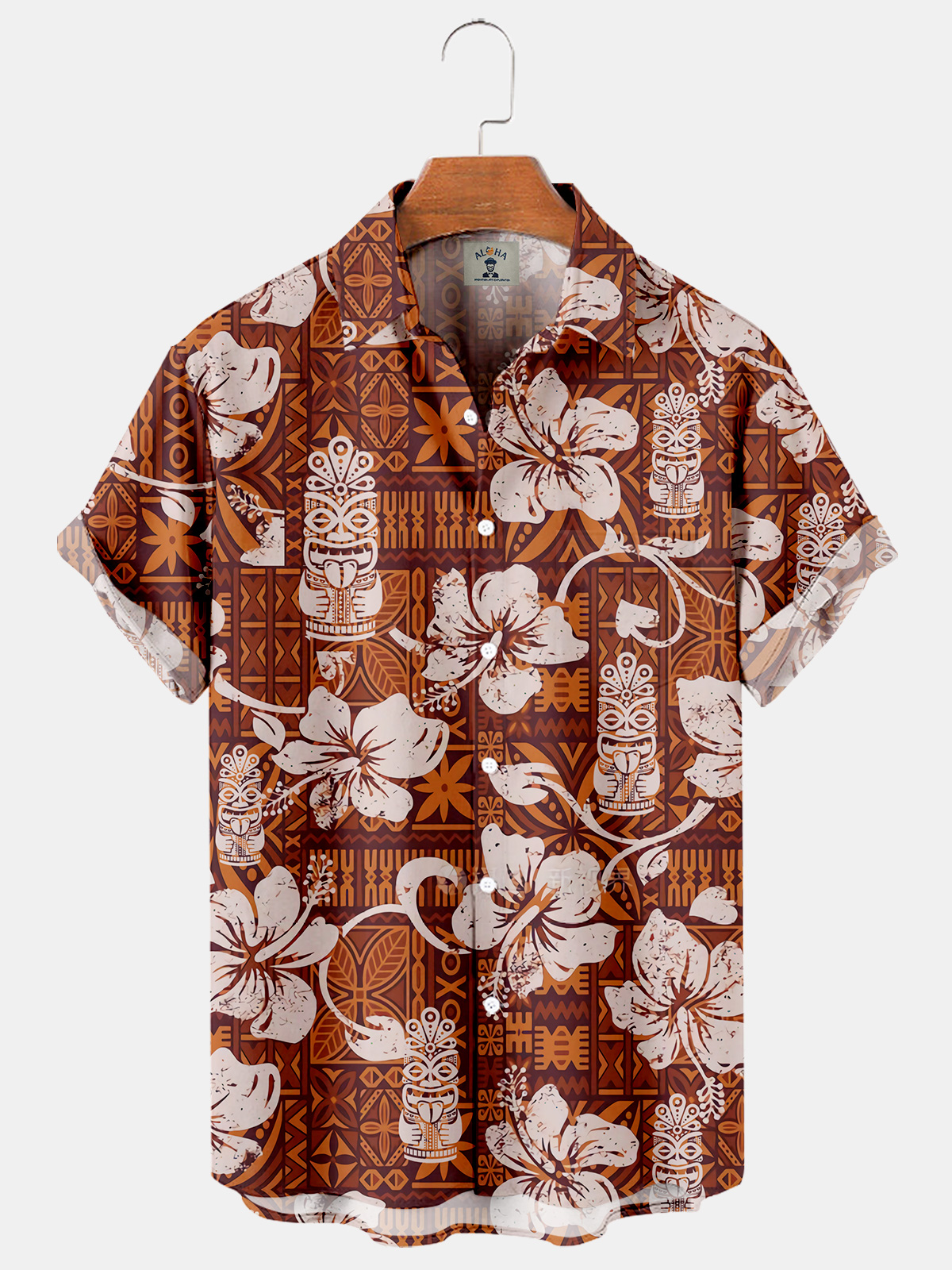 Men's Vintage Hawaiian Tiki Print Casual Loose Oversized Short Sleeve Shirt-Garamode