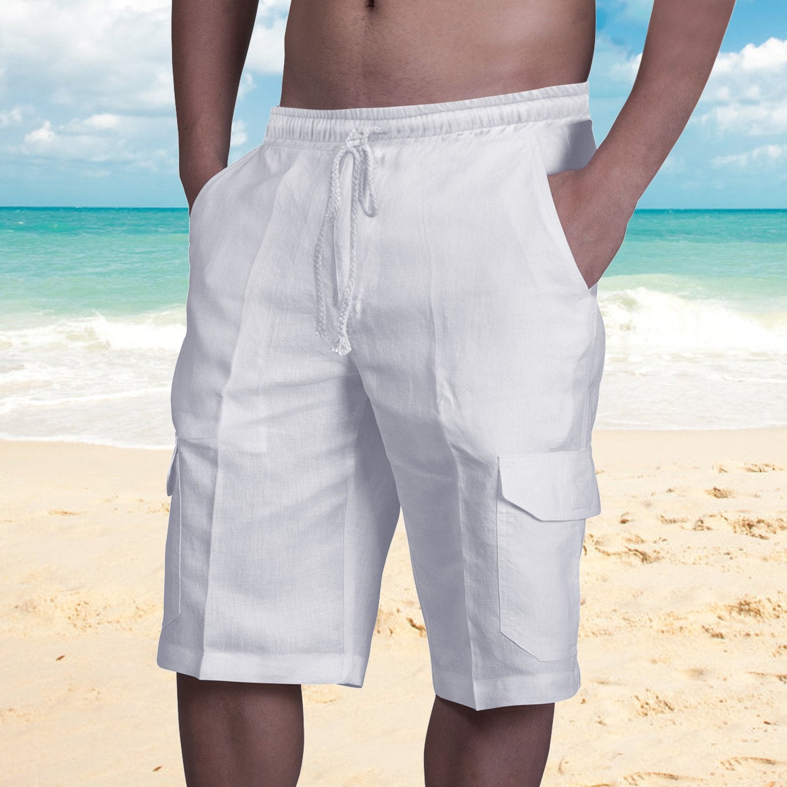 Men's Linen Shorts Multi-pocket Tethered Beach Casual Pants-Garamode