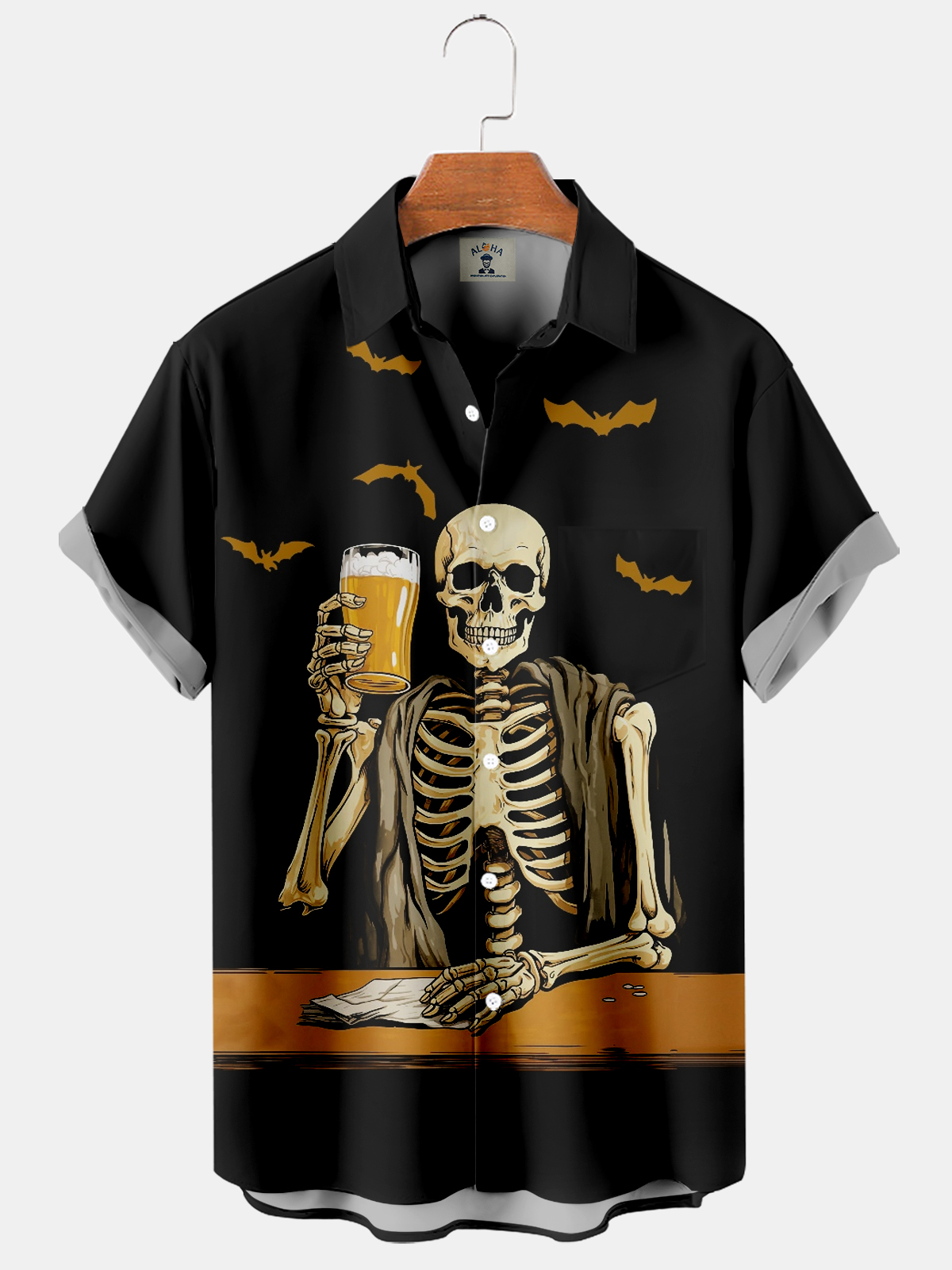 Men's Halloween Skull Drinking Beer Print Short Sleeve Shirt-Garamode