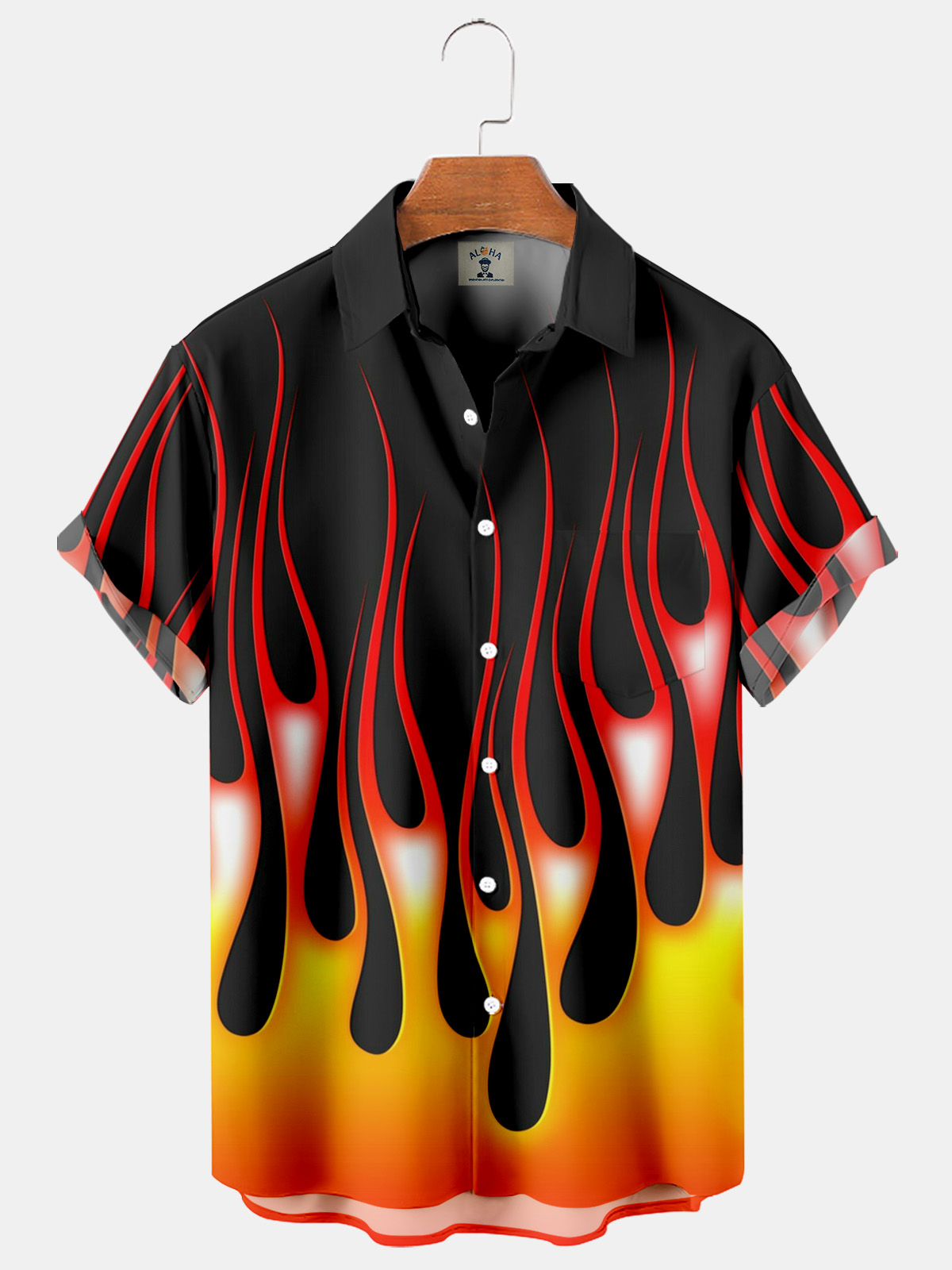 Trendy Flame Print Pocket Short Sleeve Bowling Shirt-Garamode