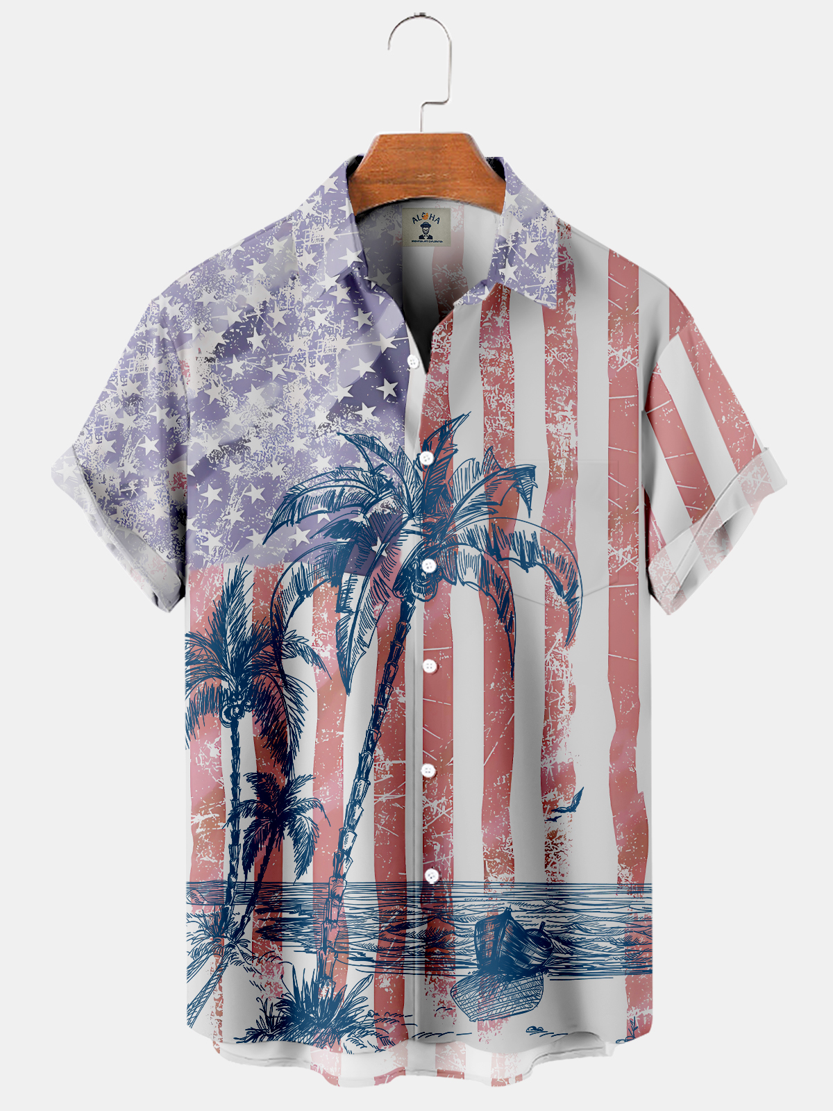 Men's Hawaiian American Flag and Coco Print Short Sleeve Shirt-Garamode