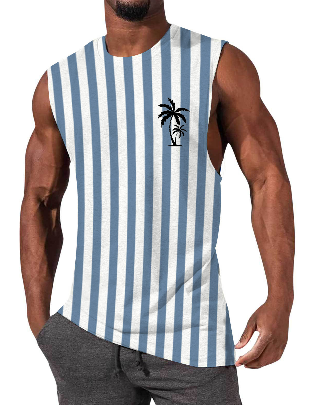 Men's Striped Palm Tree Print Hawaiian Comfort Sleeveless T-Shirt-Garamode