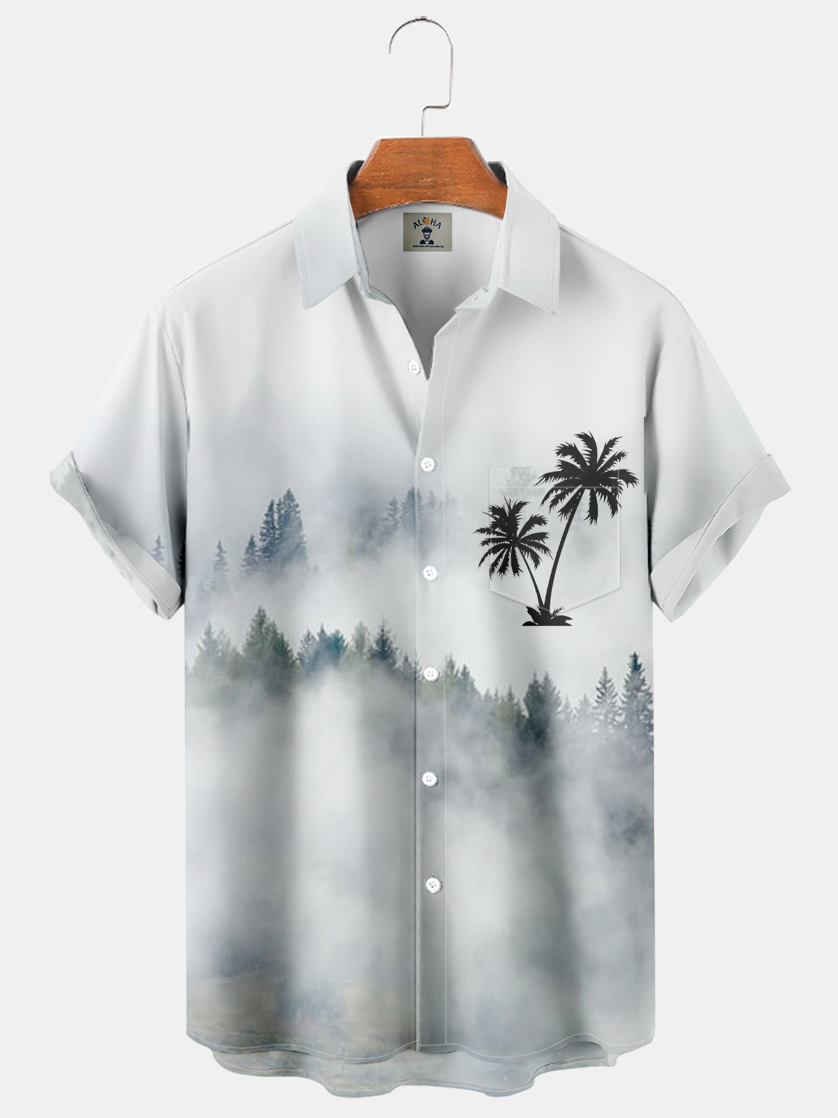 Casual Landscape Coconut Tree Print Short Sleeve Pocket Shirt-Garamode