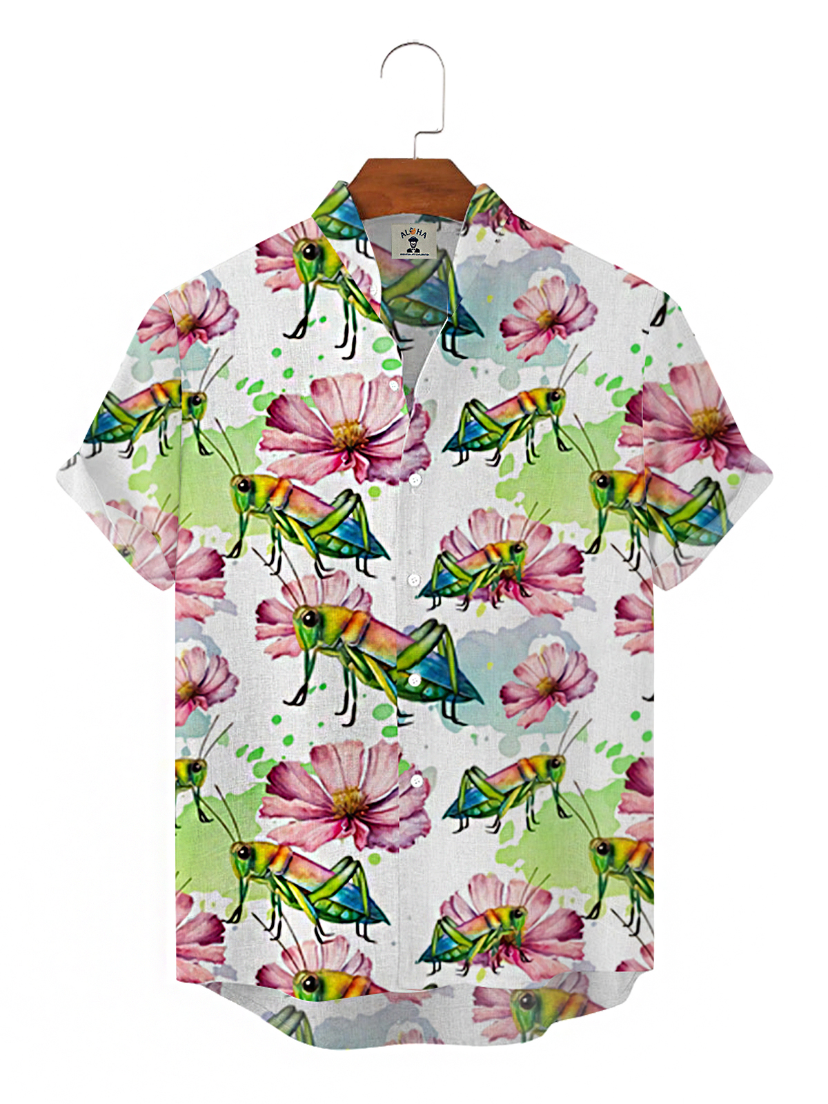 Hawaiian Fashion Floral Grasshopper Print Stand Collar Short Sleeve Shirt-Garamode