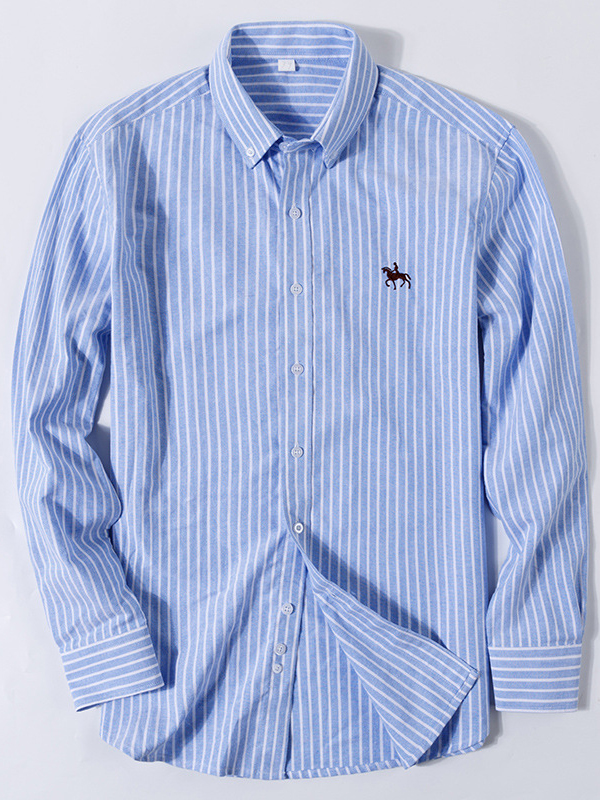 Men's 100% Cotton Striped Oxford Shirt Polo Embroidery Casual Short Sleeve Shirt-Garamode