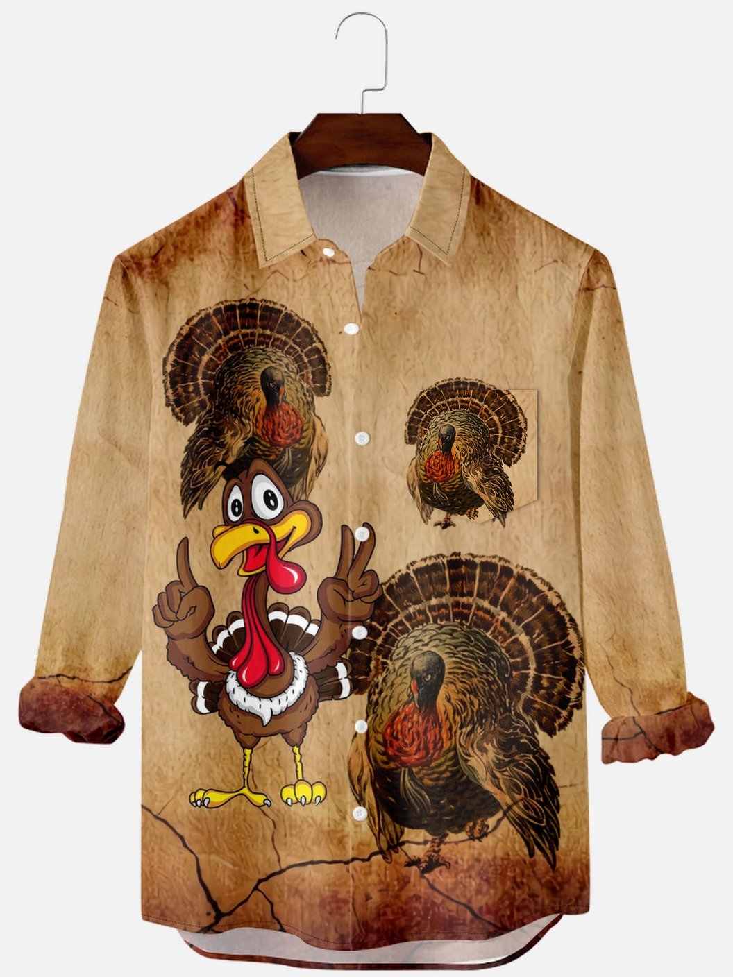 Men's Thanksgiving Fun Turkey Print Long Sleeve Shirt-Garamode