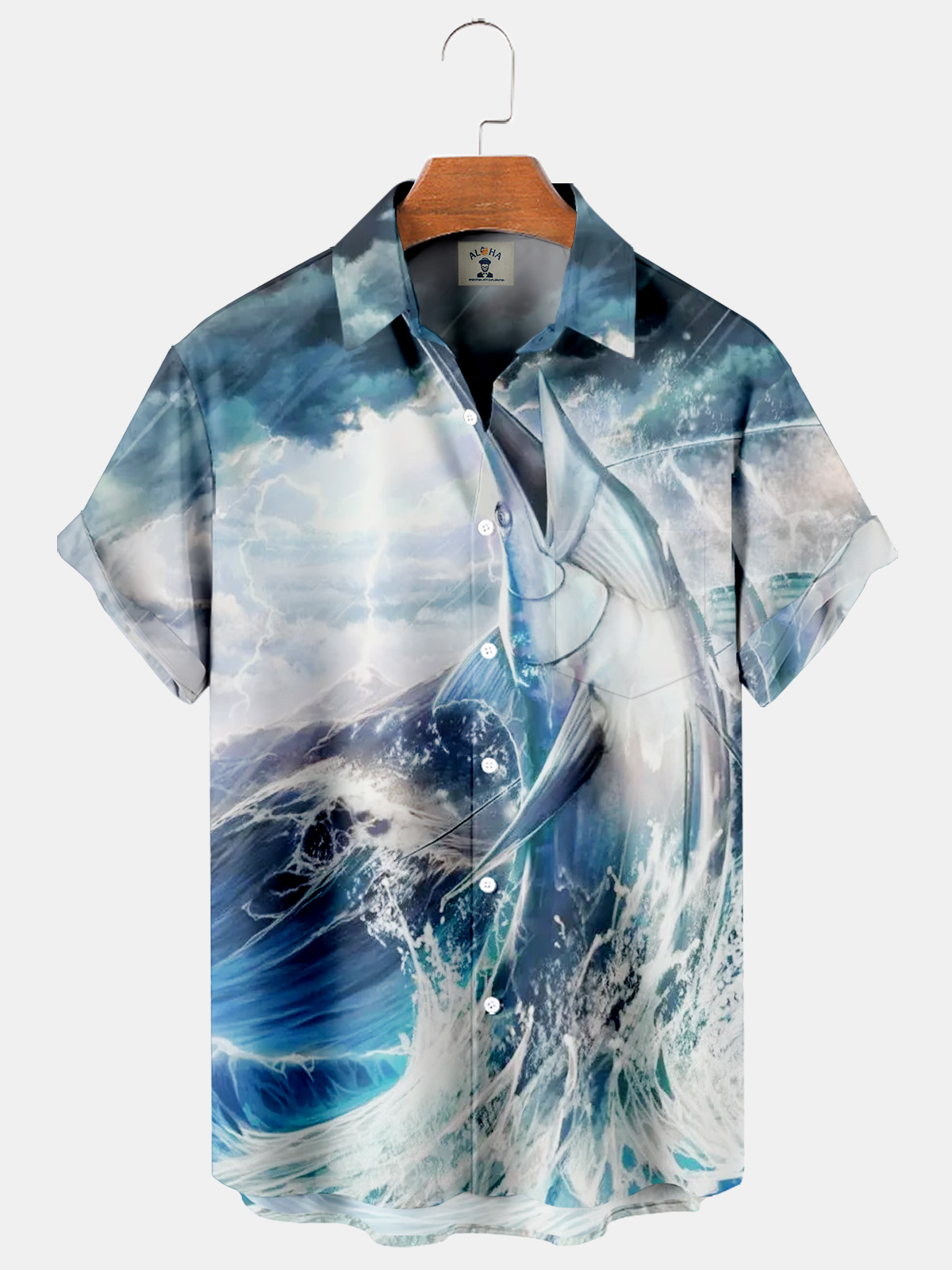 Hawaiian Surf Marlin Print Pocket Short Sleeve Shirt-Garamode