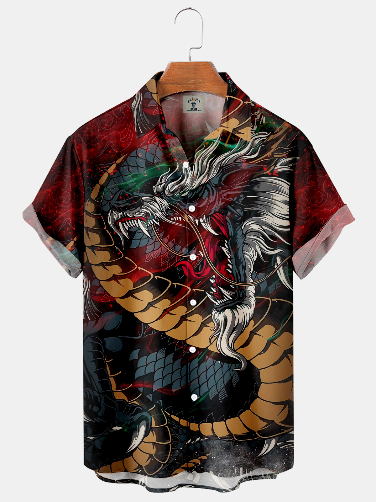 Dragon Print Casual Loose Men's Plus Size Short Sleeve Shirt-Garamode