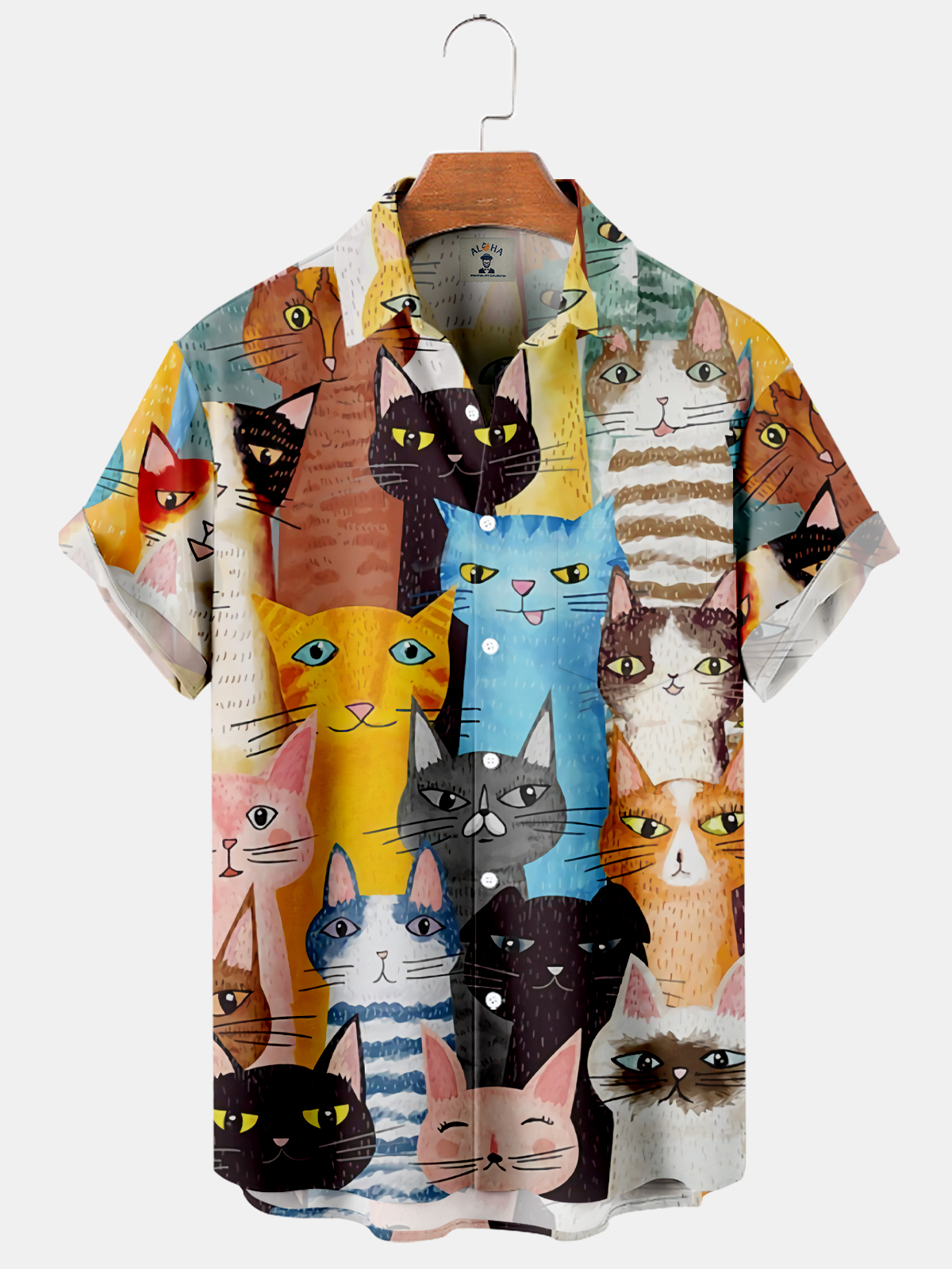 Men's Hawaiian Funny Cat Print Short Sleeve Shirt-Garamode