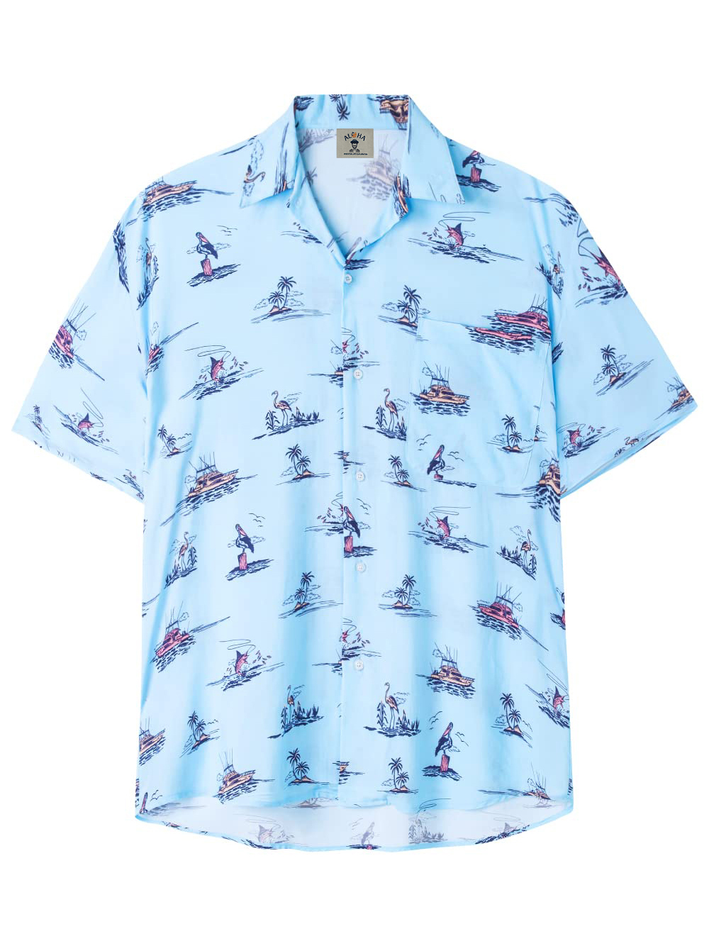Men's Palm Tree Flamingo Hawaiian Cuban Collar Pocket Short Sleeve Shirt-Garamode