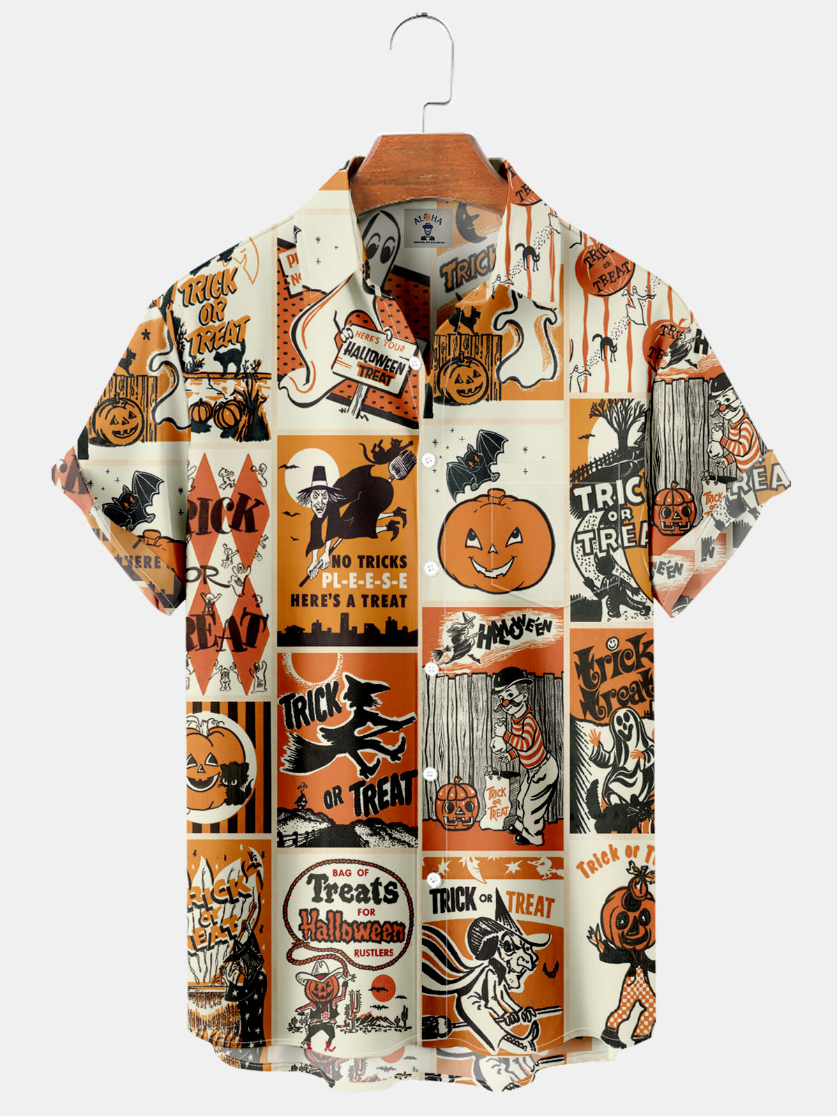 Halloween Fun Witch Pumpkin Print Pocket Short Sleeve Shirt-Garamode