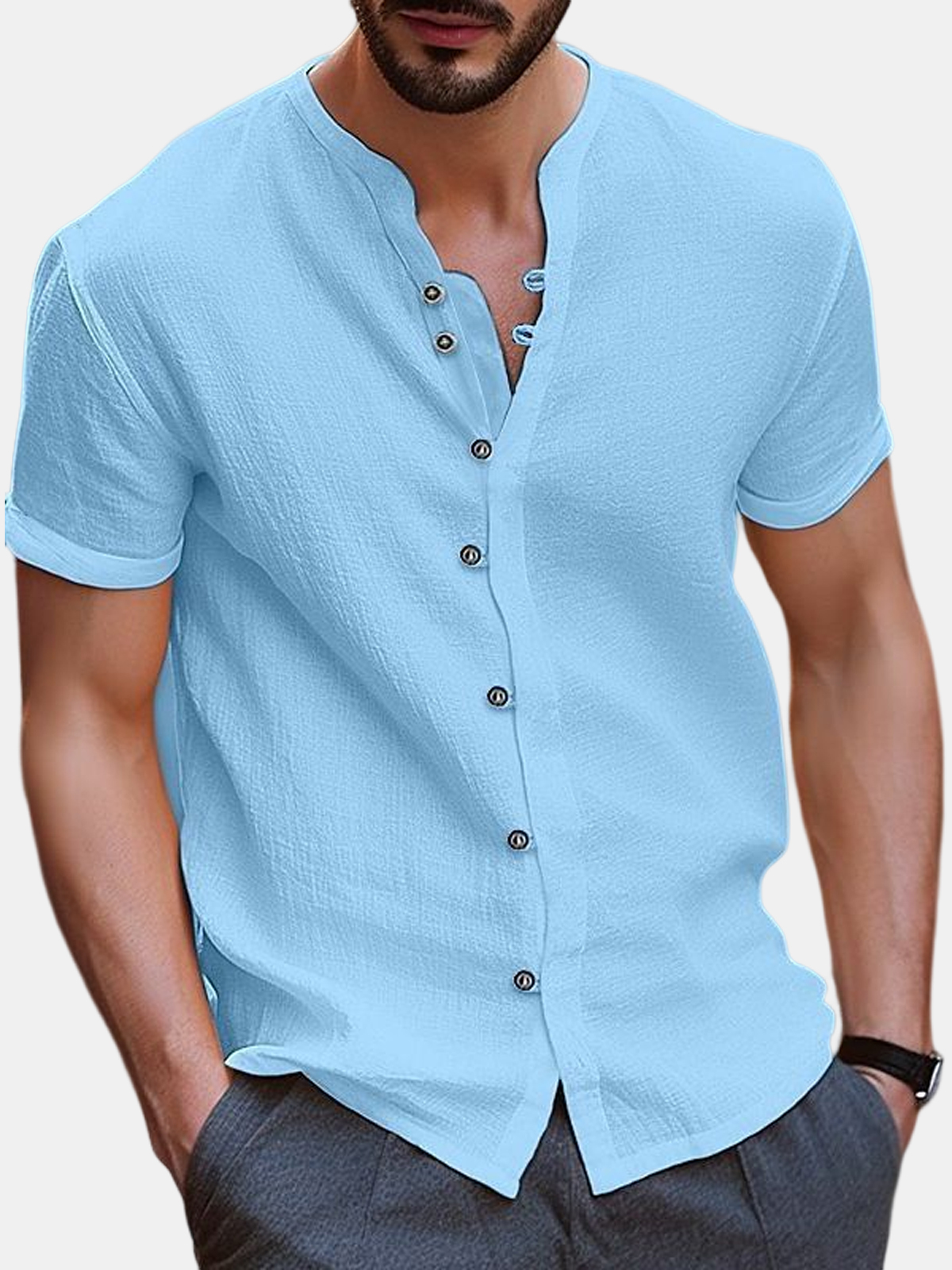 Men's Casual Retro Solid Color V-Neck Short Sleeve Top-Garamode