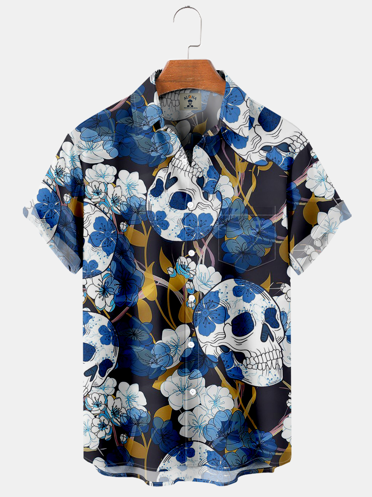 Men's Skull Floral Print Pocket Casual Short Sleeve Shirt-Garamode