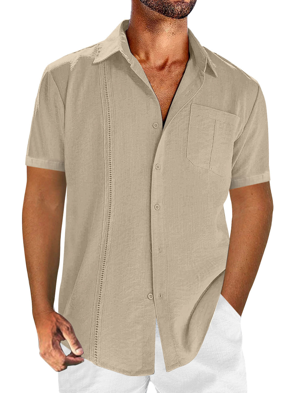Men's Guayabera Short Sleeve Casual Loose Solid Color Linen Shirt with Lace and Pocket-Garamode