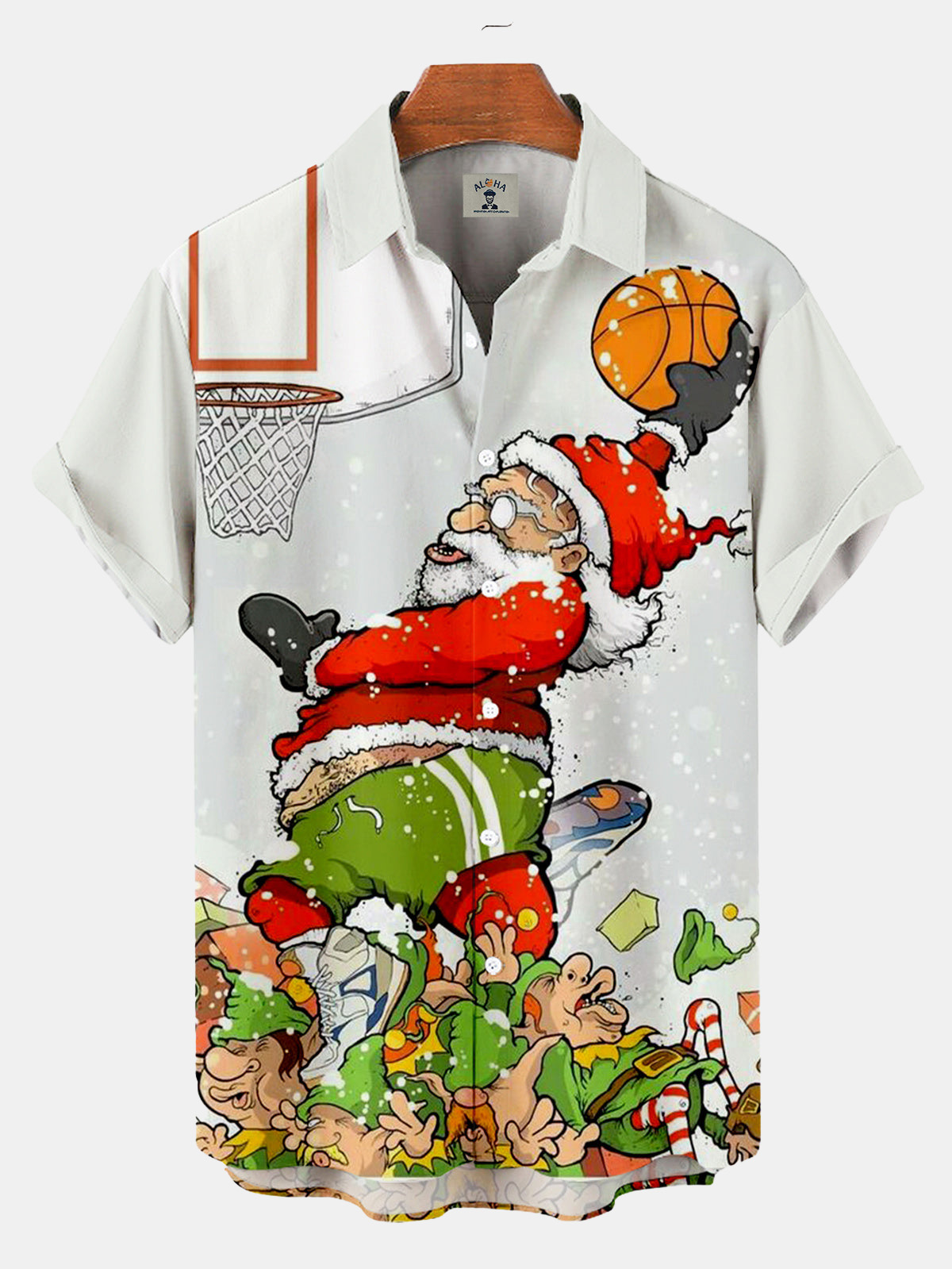Men's Casual Santa Play Basketball Print Short Sleeve Shirt-Garamode