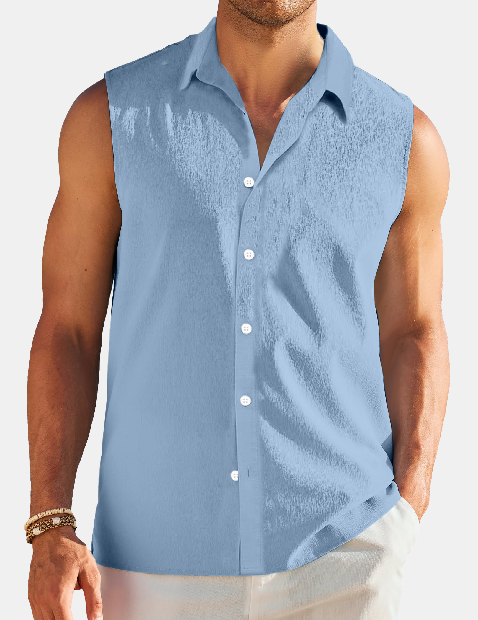 Men's Summer Puff Wrinkle Everyday Solid Color Sleeveless Shirt-Garamode