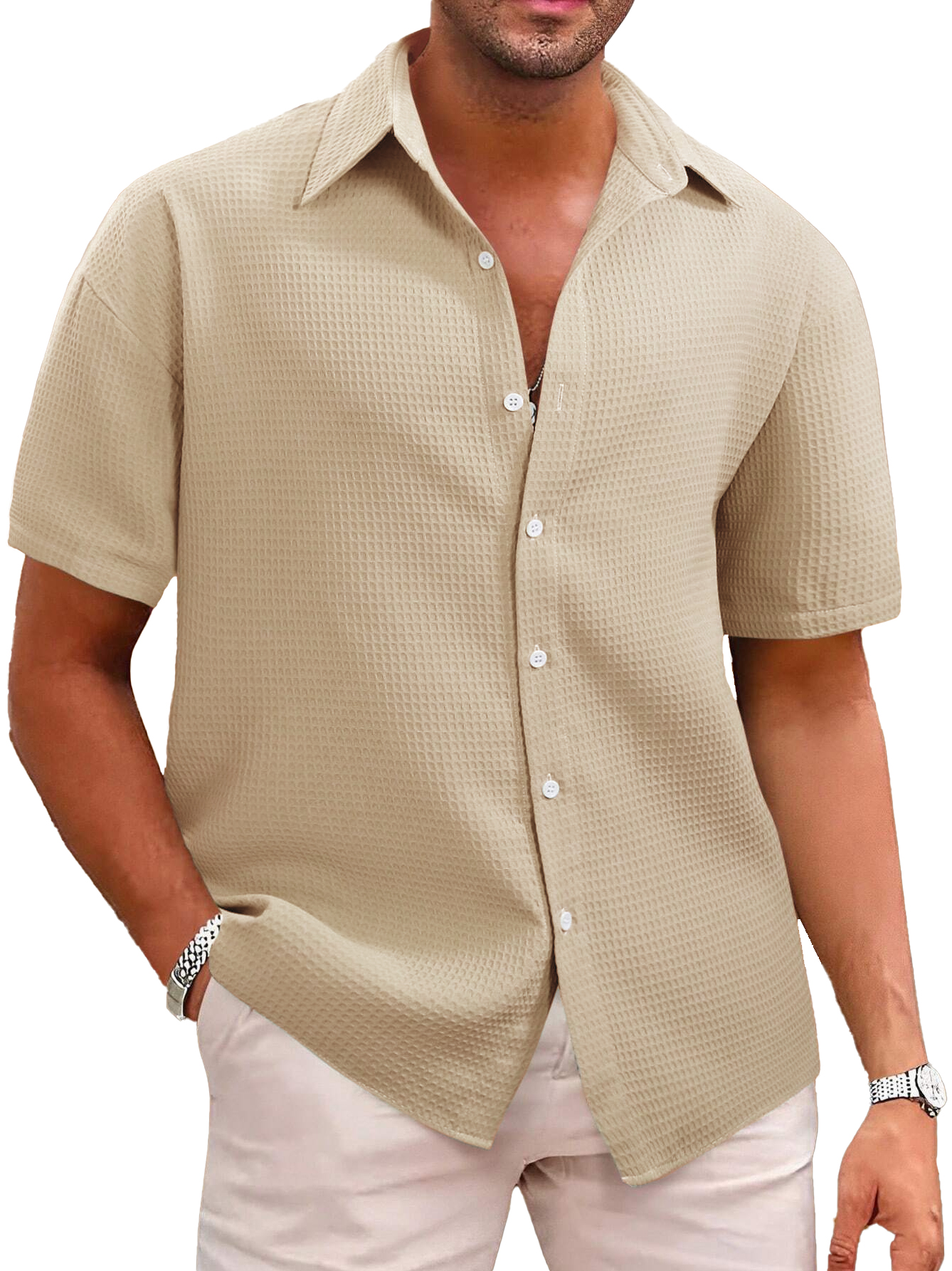 Hawaiian Men's Casual Lapel Waffle Fabric Short Sleeve Shirt