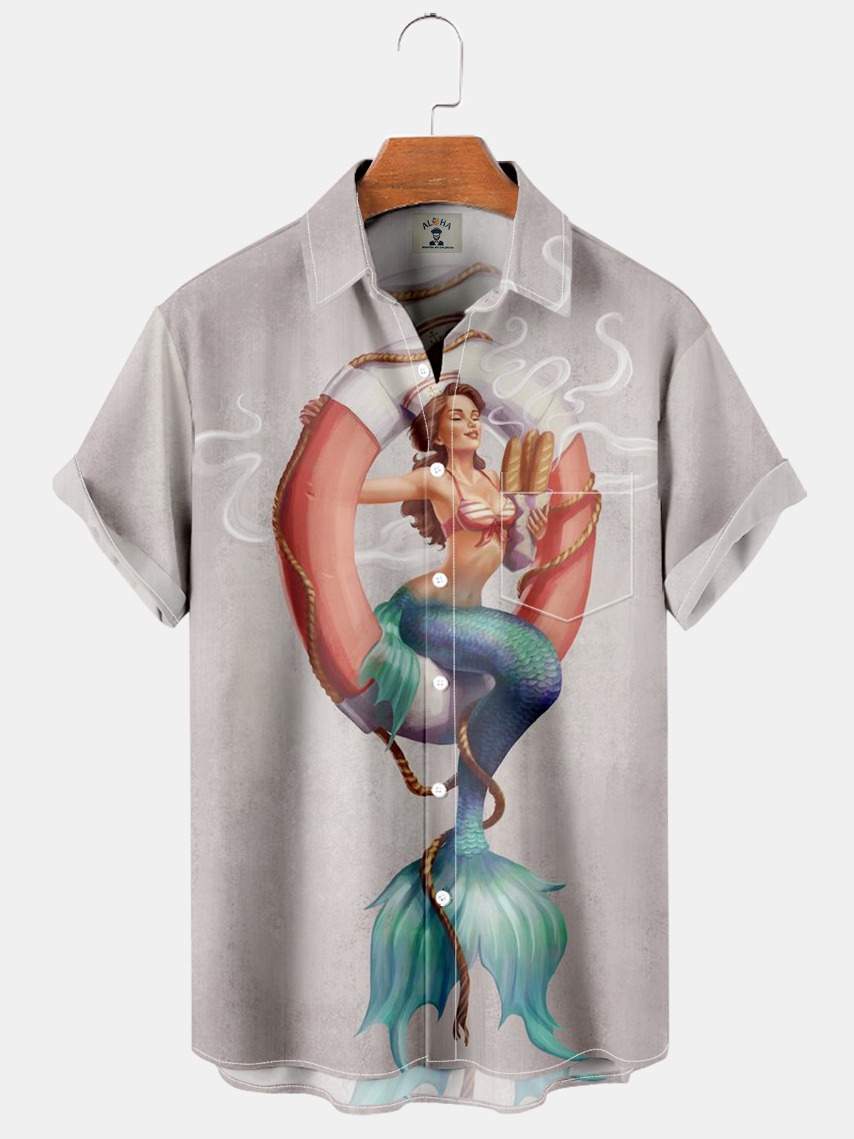 Hawaiian Vintage Mermaid Print Pocket Short Sleeve Shirt-Garamode