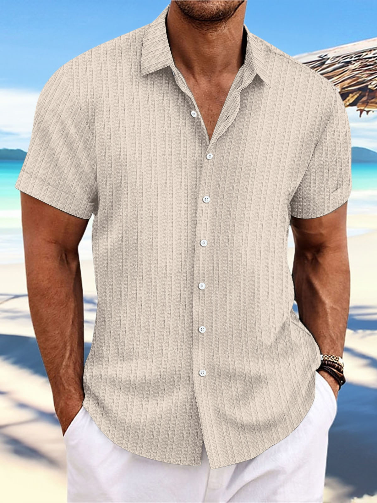Men's Striped Casual Loose Short Sleeve Shirt-Garamode