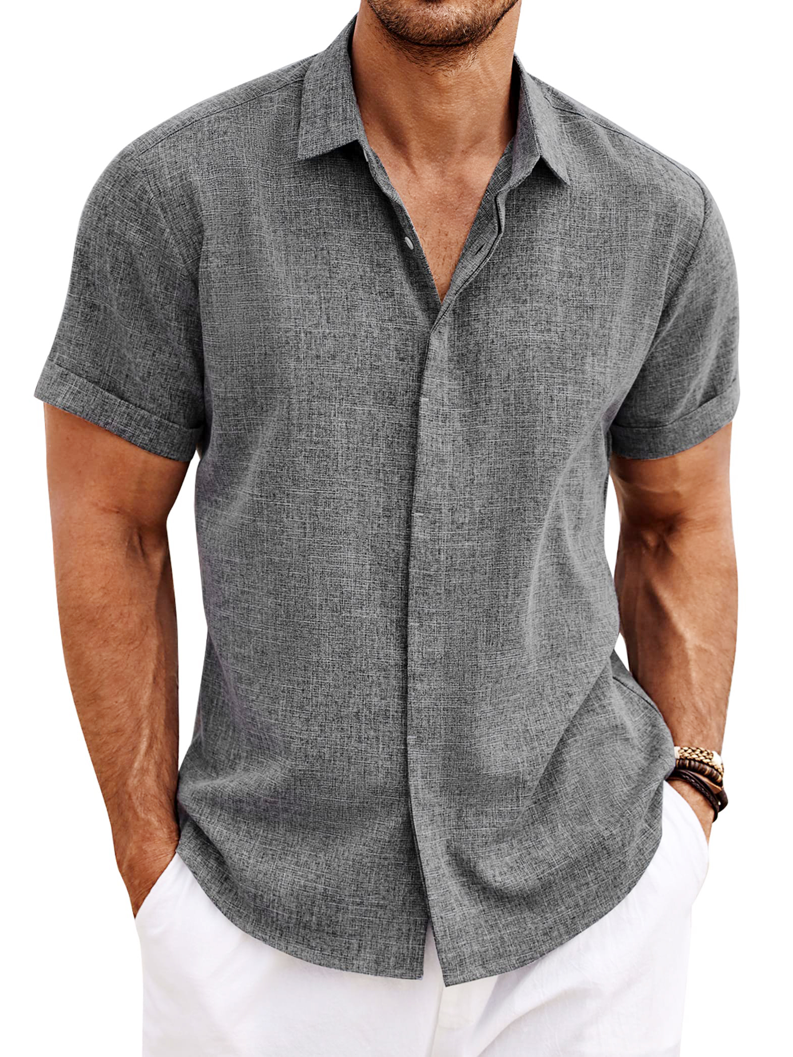 Men's Cotton Linen Casual Short Sleeve Quality Beach Hawaiian Daily Shirt-Garamode