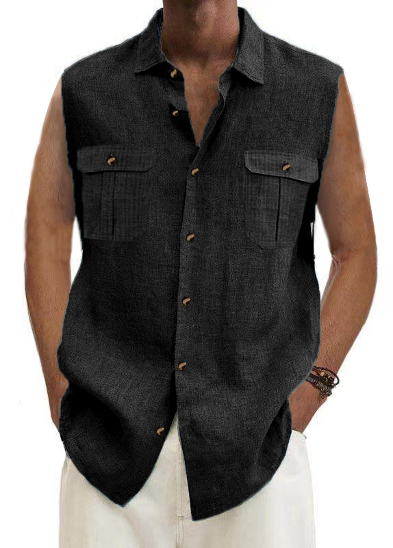 Men's Two Pocket Solid Color Basic Sleeveless Casual Shirt-Garamode